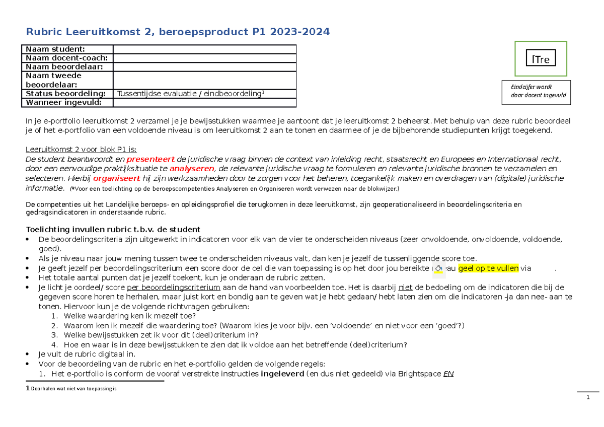Leeruitkomst 2 en rubric BP P1-23-24 - Rubric Leeruitkomst 2