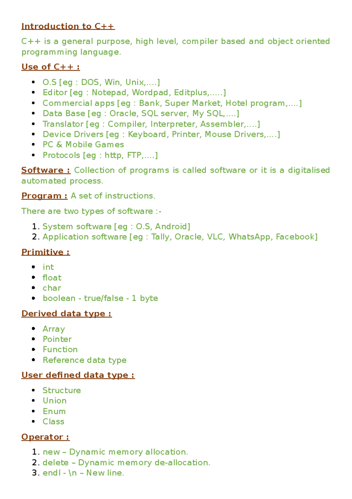 C++ - C++ - Introduction to C++ C++ is a general purpose, high level ...