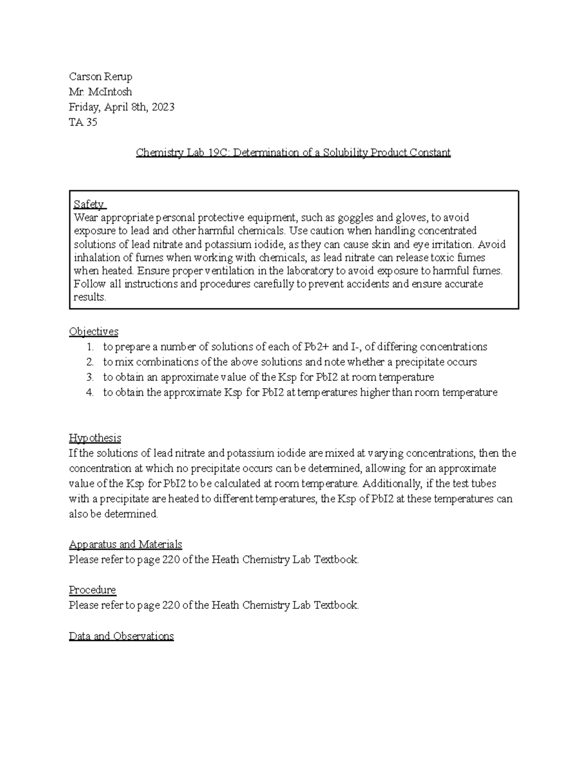 determination of a solubility product constant experiment 19c