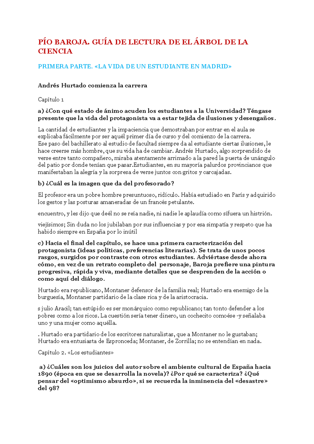 EL Arbol DE LA Ciencia Preguntas BAROJA. DE LECTURA DE EL DE LA