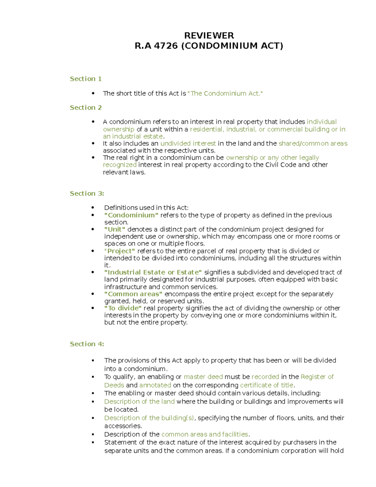 Reviewer Condo ACT summarize REVIEWER R 4726 (CONDOMINIUM ACT