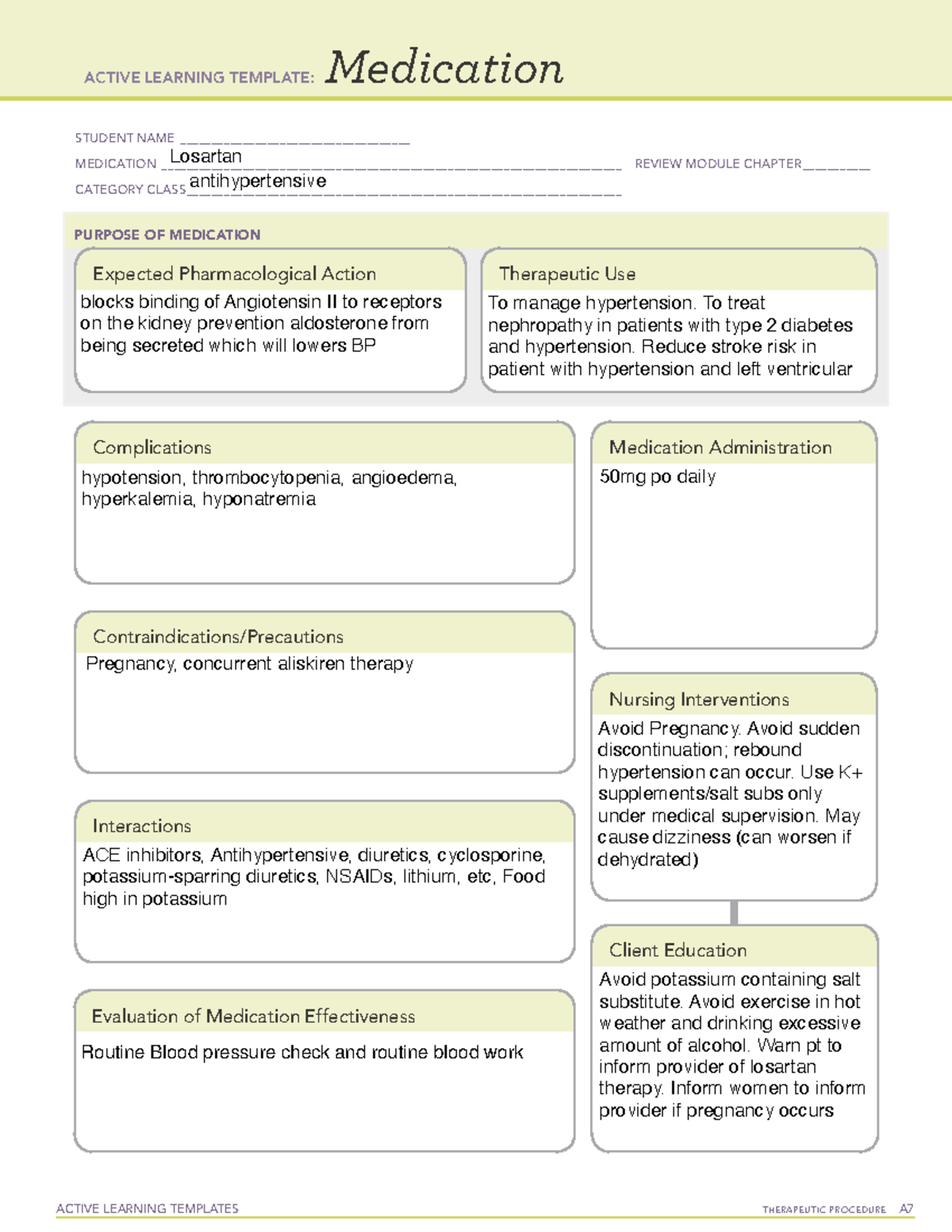 Losartan - Review Notes And Answers For Quiz 1 Nurs 306. Notes For The 