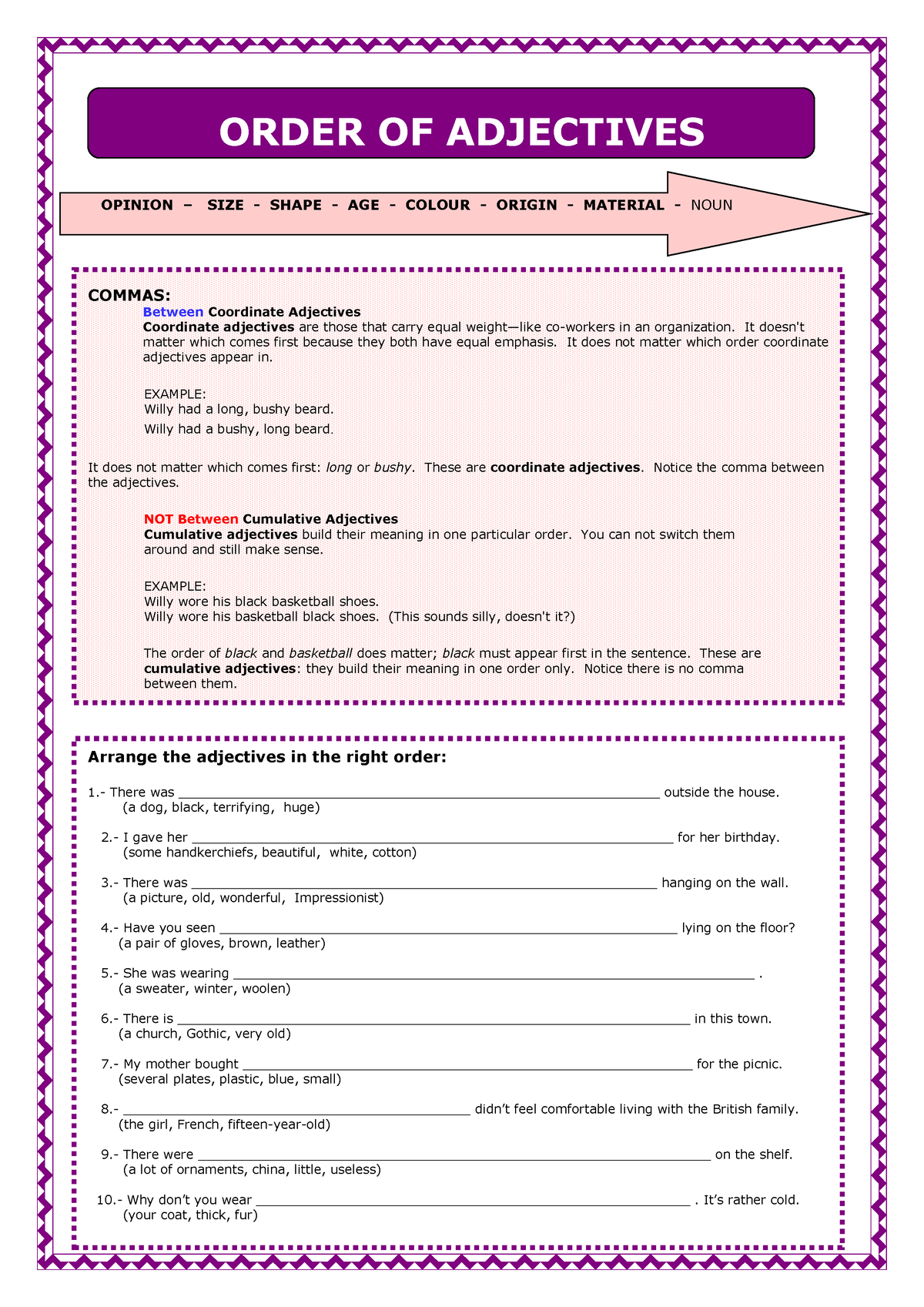 Adjective Order Worksheet Order Of Adjectives Commas Between Coordinate Adjectives Coordinate 7185