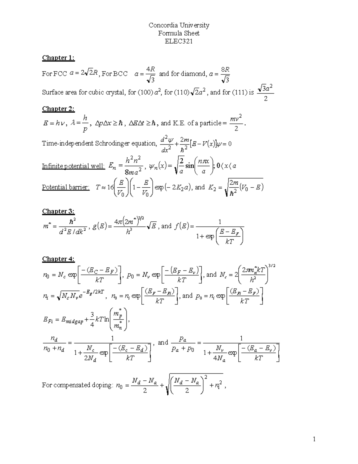 Elec321Formula sheet for academic 2021 - Concordia University Formula ...