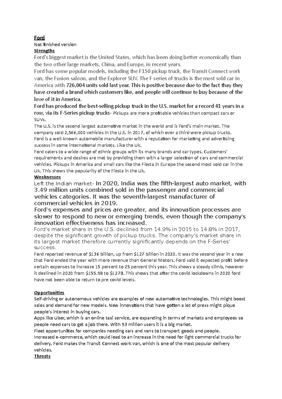 SWOT - yutvhmvyik - Ford Not finished version Strengths Ford’s biggest ...