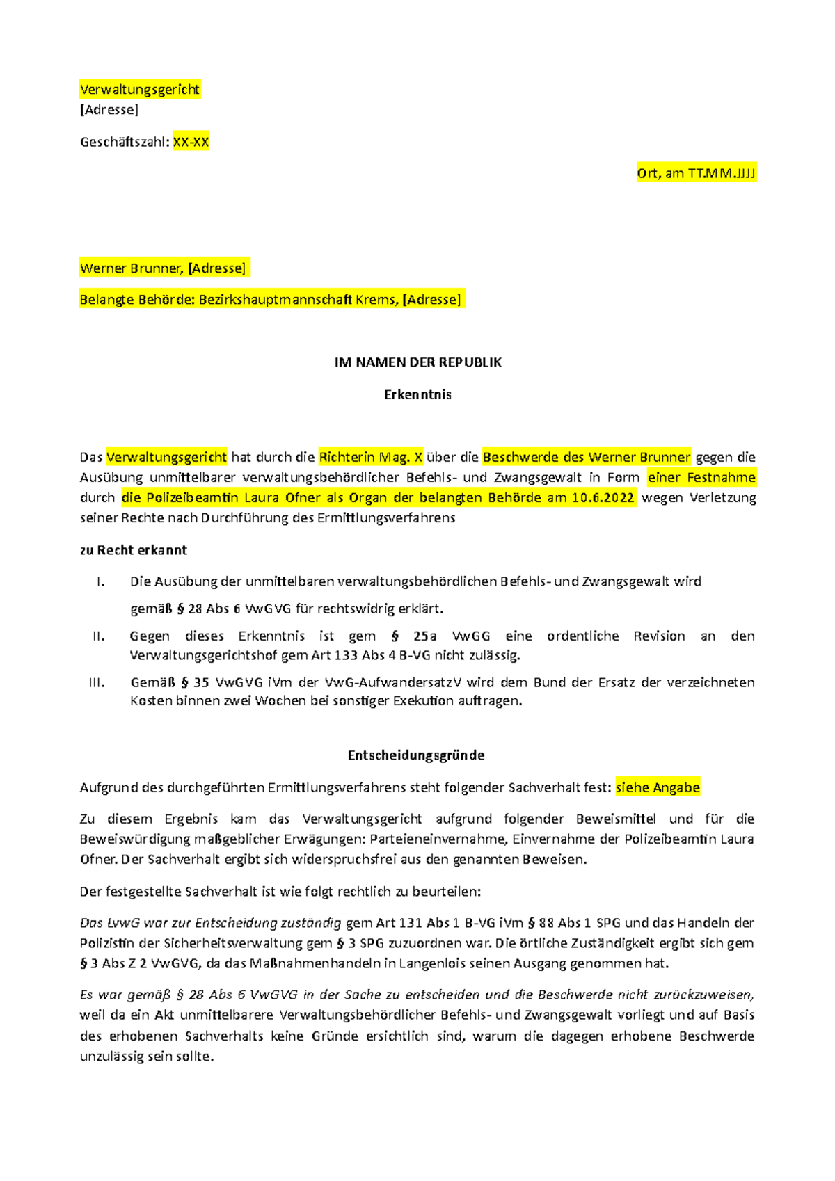 Schriftsatz Erkenntnis Vw G - Maßnahmenbeschwerde - Verwaltungsgericht [Adresse] Geschäftszahl ...