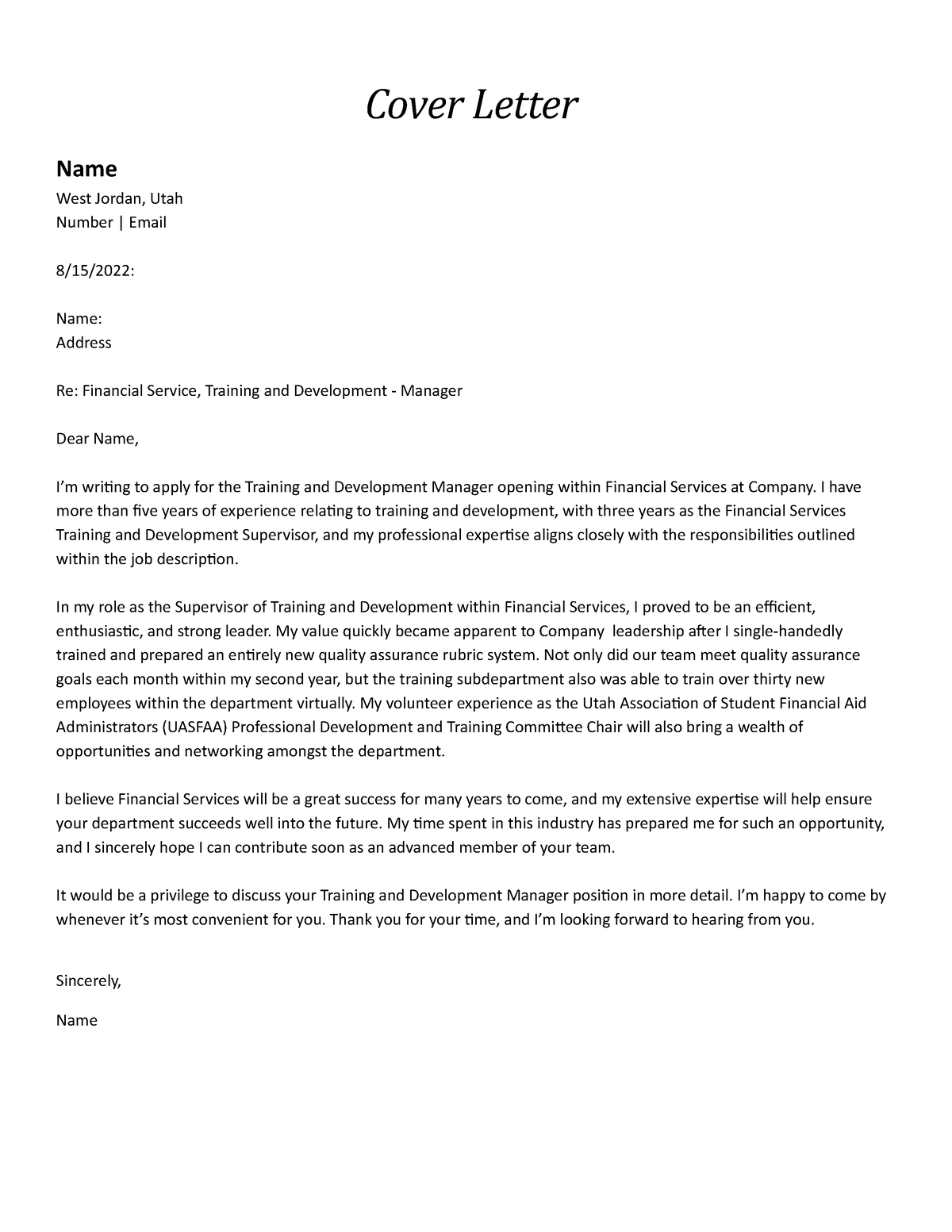 C716 - Task 2 . Cover Letter - Cover Letter Name West Jordan, Utah ...