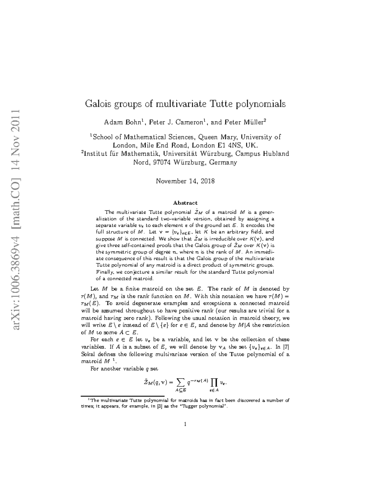 Bohn-Cameron-Muller Galois Groups Of Multivariable Tutte Polynomials ...