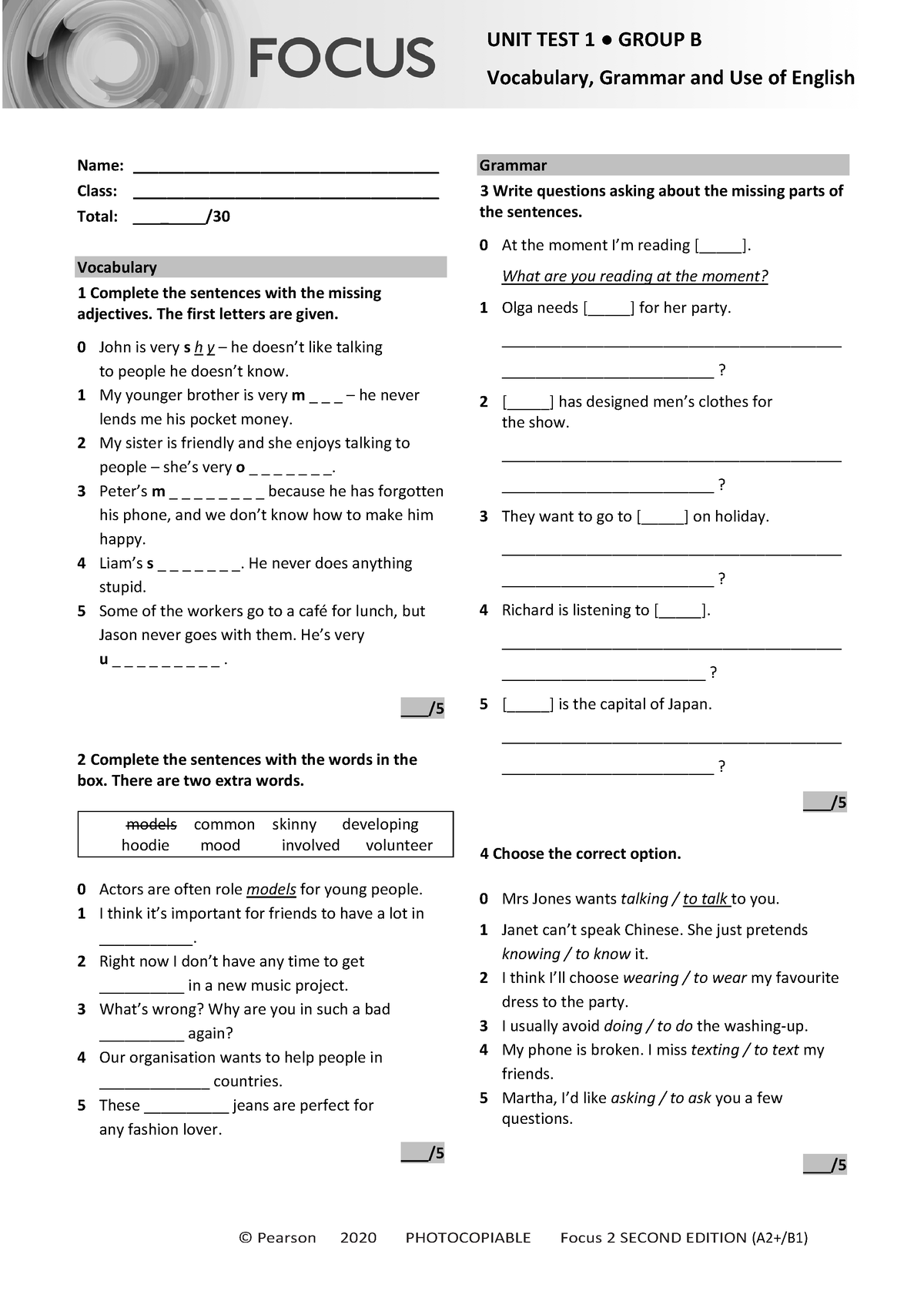 Focus 2 2E Unit Test Vocabulary Grammar Uo E Unit1 Group B - © Pearson ...