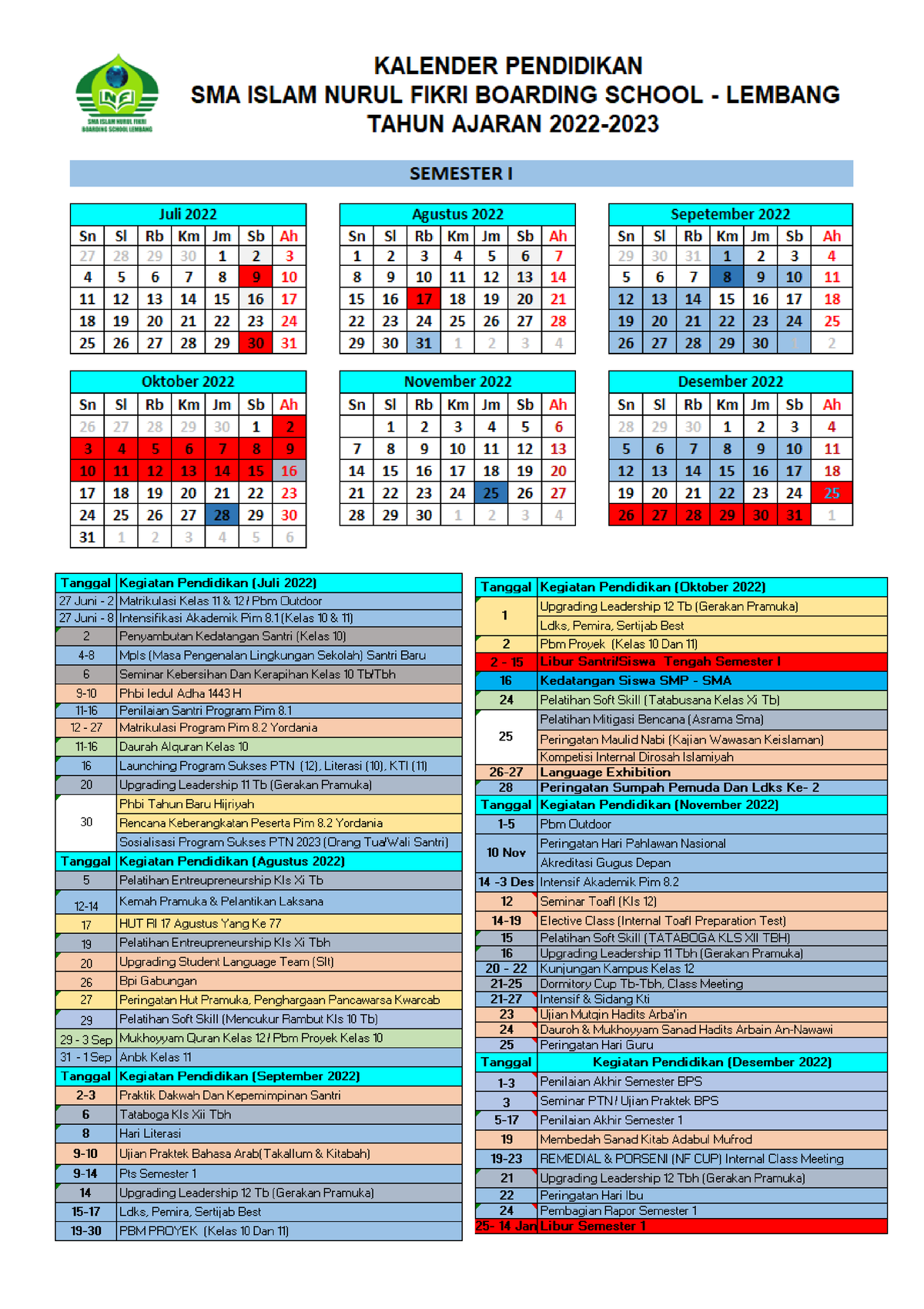 Kalender Pendidikan SMAI Nfbsl TP 2022-2023 - Perencanaan Pendidikan ...