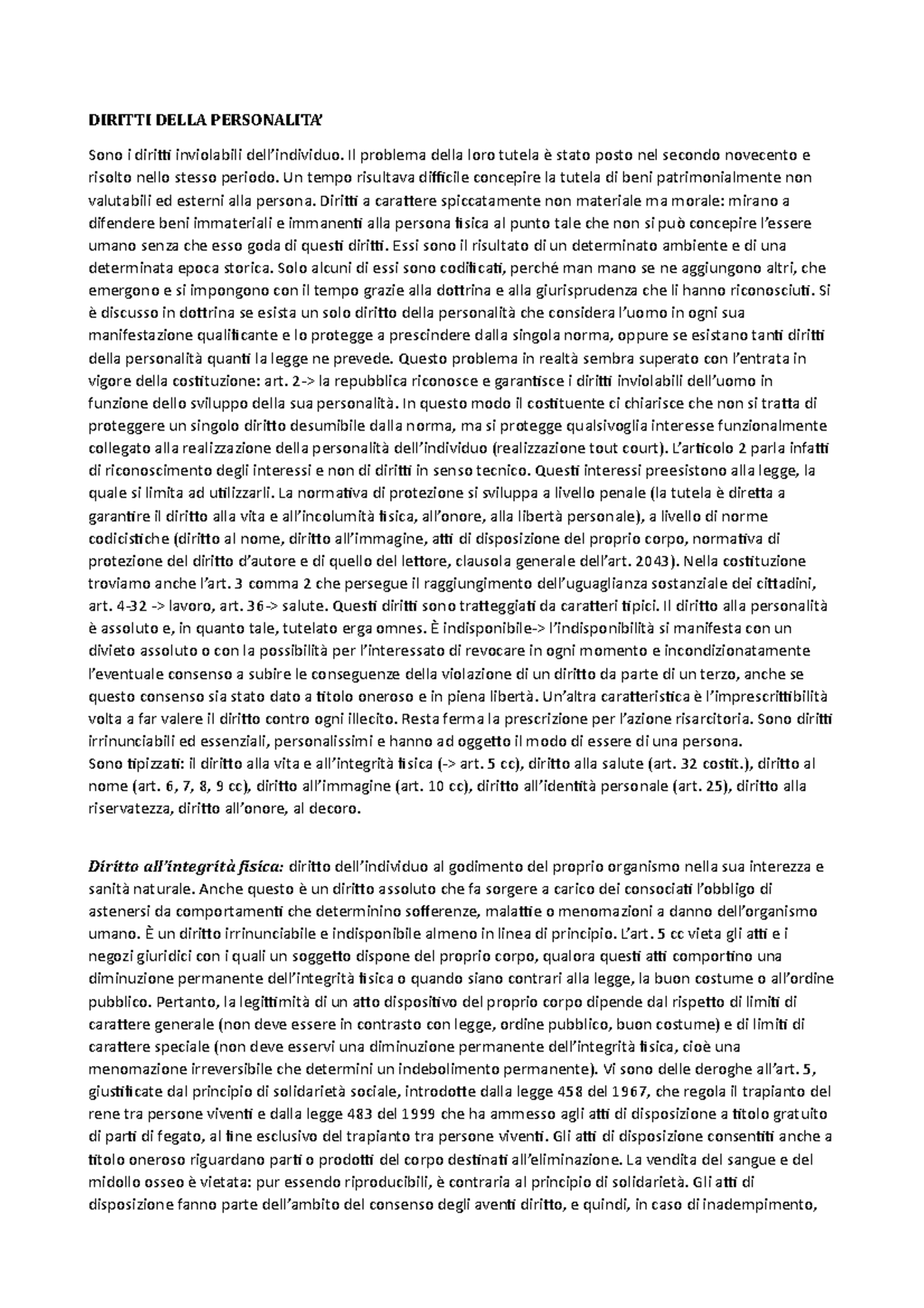 Diritti Della Personalità DIRITTI DELLA PERSONALITA’ Sono i diritti