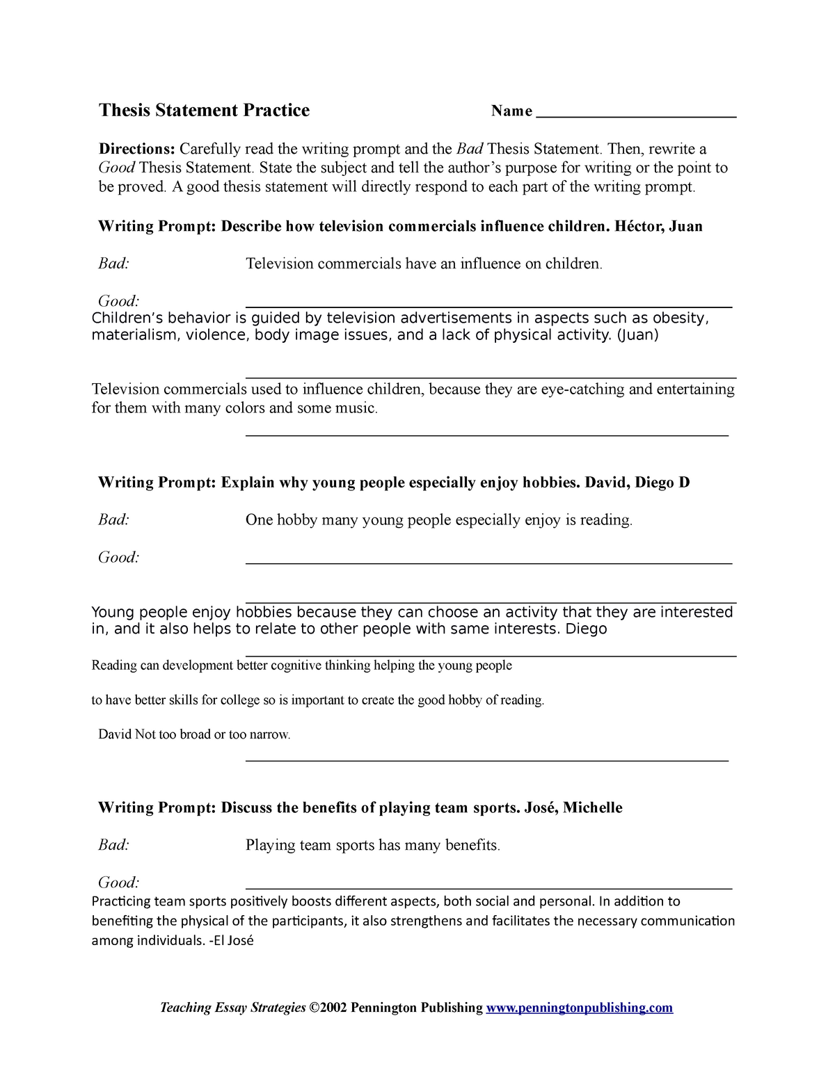 Thesis statement practice - ENGL 21 - Intro English Grammar Regarding Thesis Statement Practice Worksheet