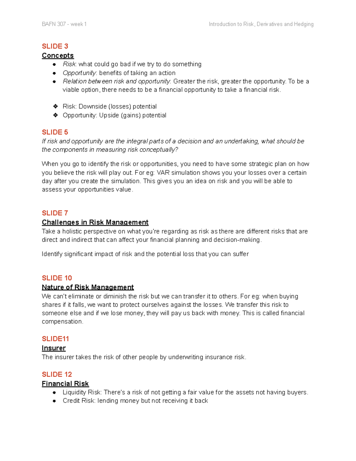 BAFN307 Week 1 - LECTURE NOTES - SLIDE 3 Concepts Risk: what could go ...
