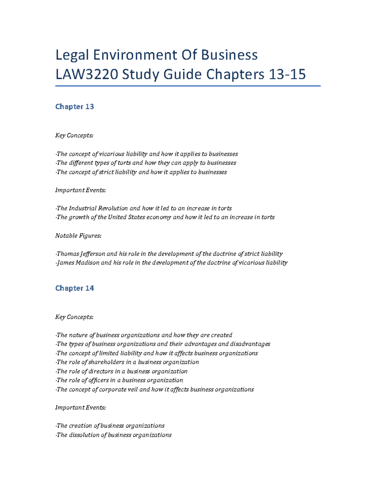 Legal Environment Of Business LAW3220 Study Guide Chapters 13-15 ...