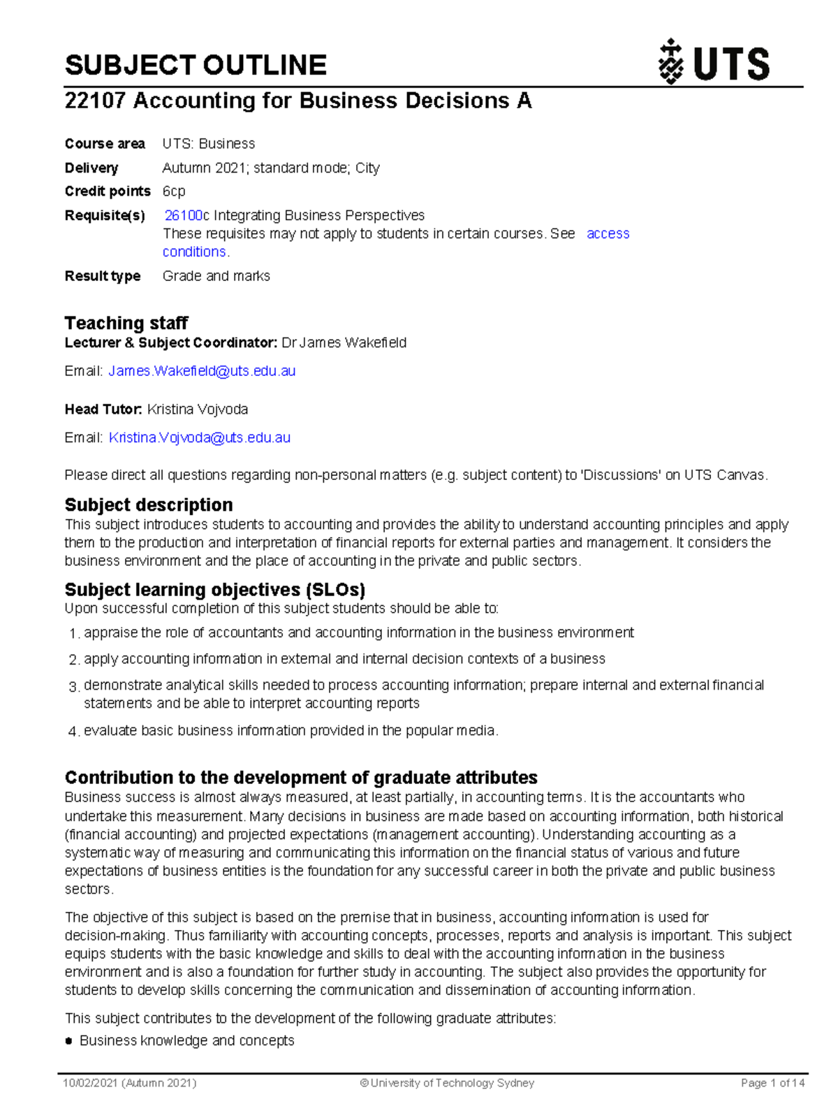 Subject outline of IBP - SUBJECT OUTLINE 22107 Accounting for Business ...