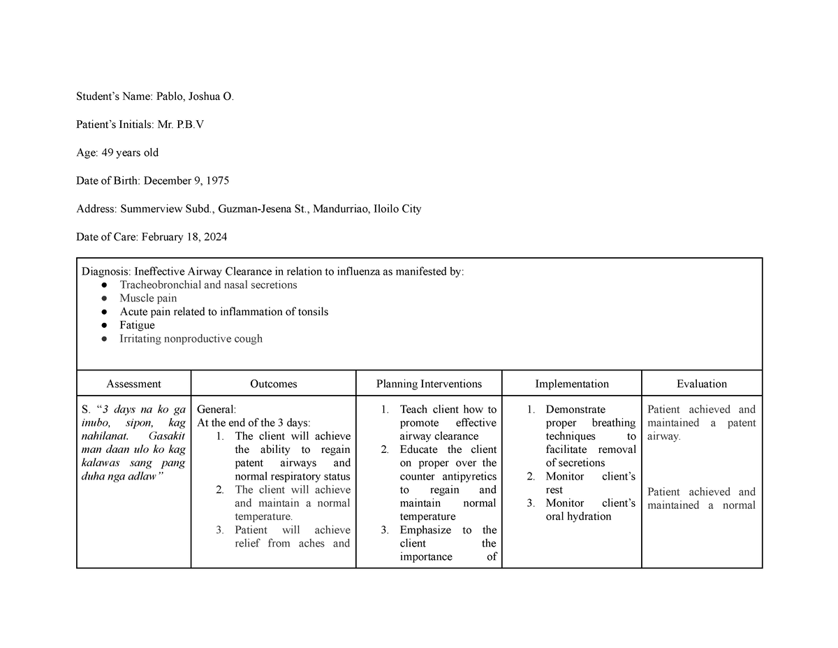 NCM 102 ACT 1 Module 1ursing process - Student’s Name: Pablo, Joshua O ...