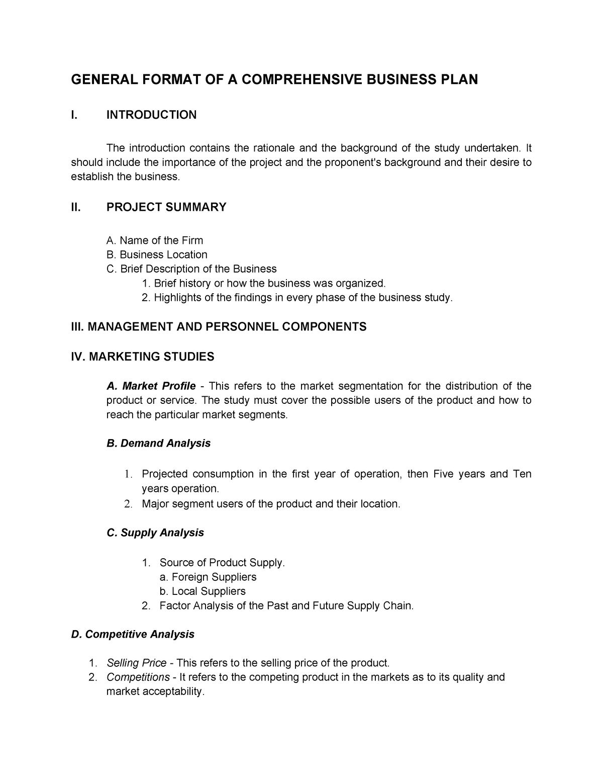 general format of business plan include