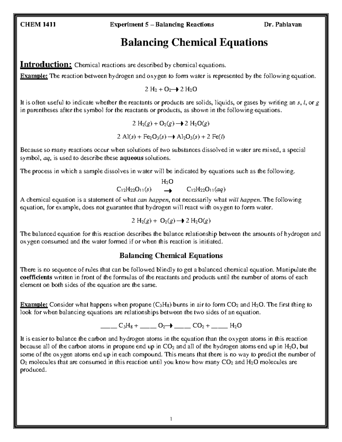 Experiment 5 Balancing Chemical Reactions (Dry Lab) Balancing Chemical Equations Introduction