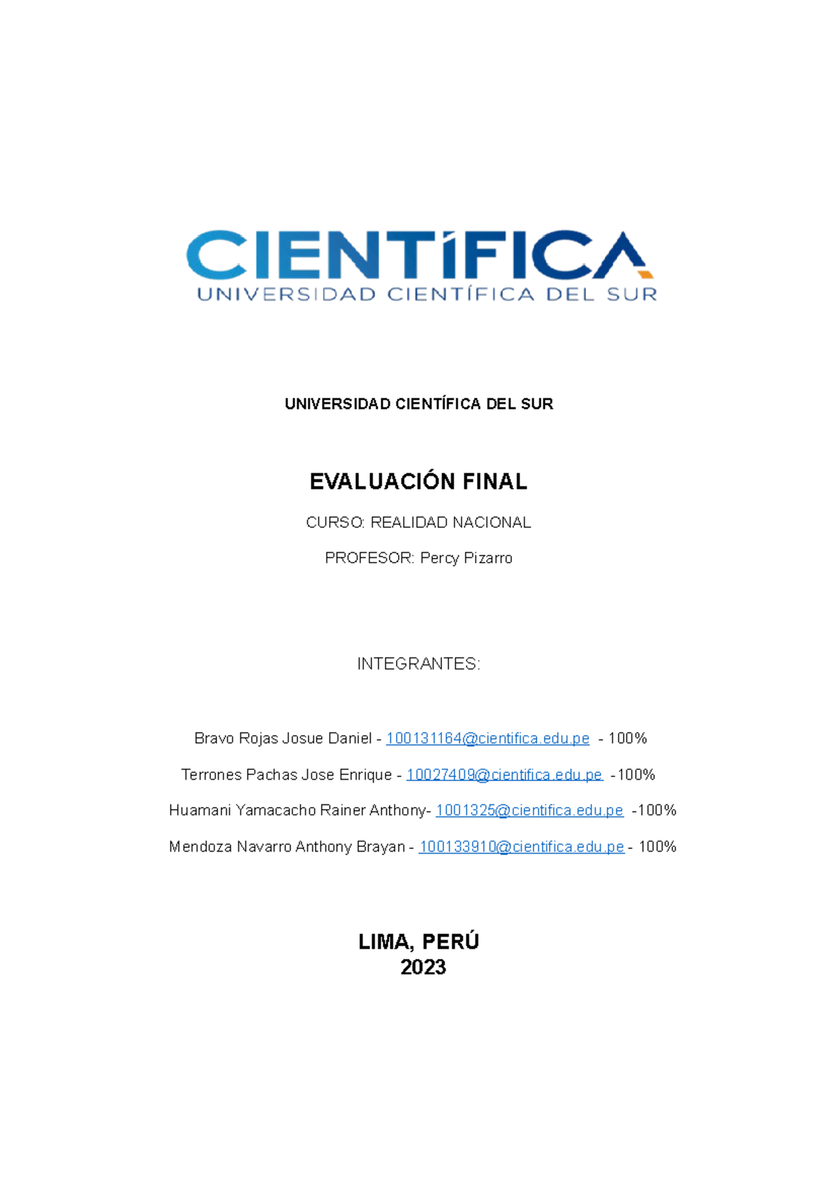 Trabajo Final De Desempeño Universidad CientÍfica Del Sur EvaluaciÓn