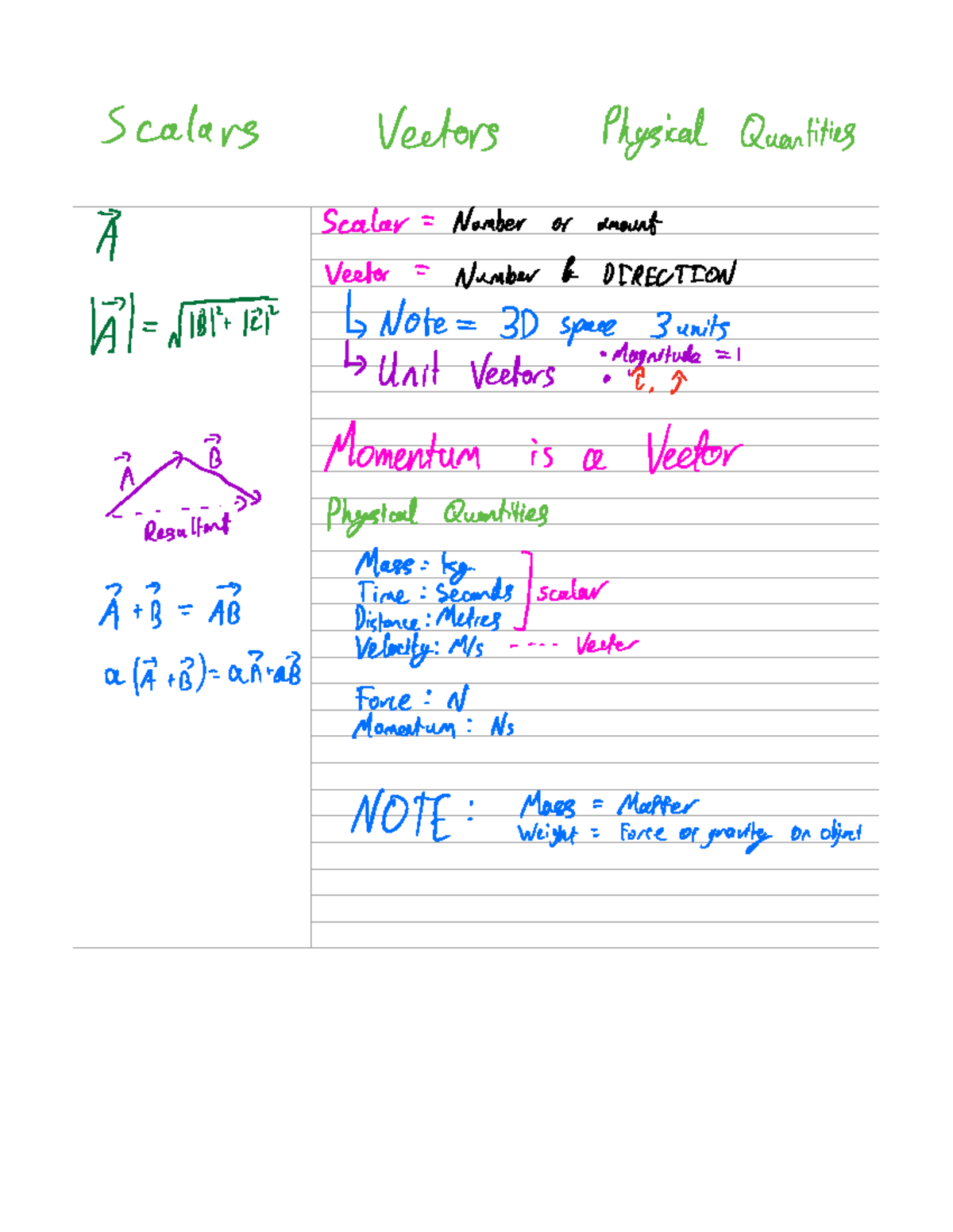 Phys notes Sem1 - Scalars Vectors Physical Quantities Scalar Number or ...