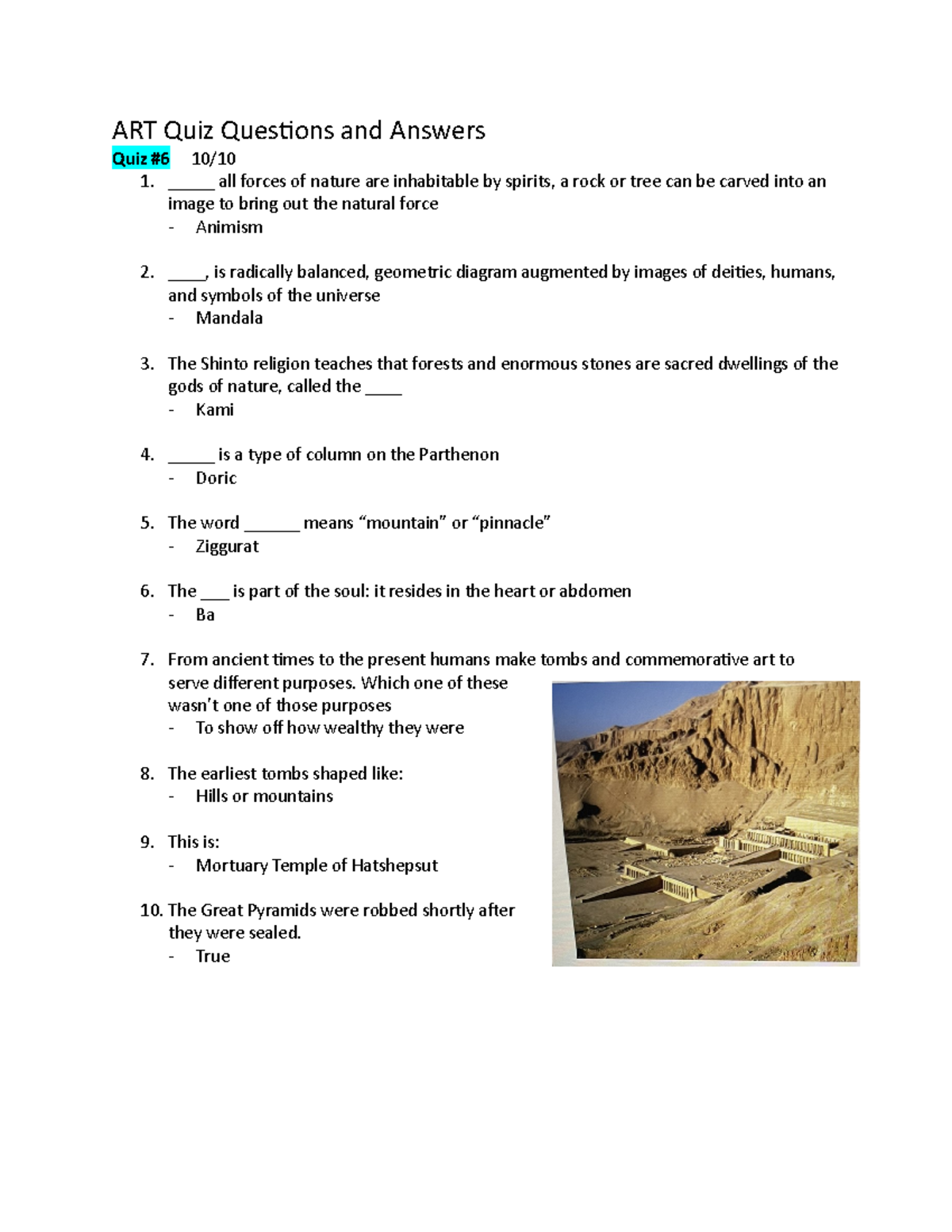 ART QUIZ 6 Quiz Answers. ART Quiz Questions and Answers Quiz 6 10/