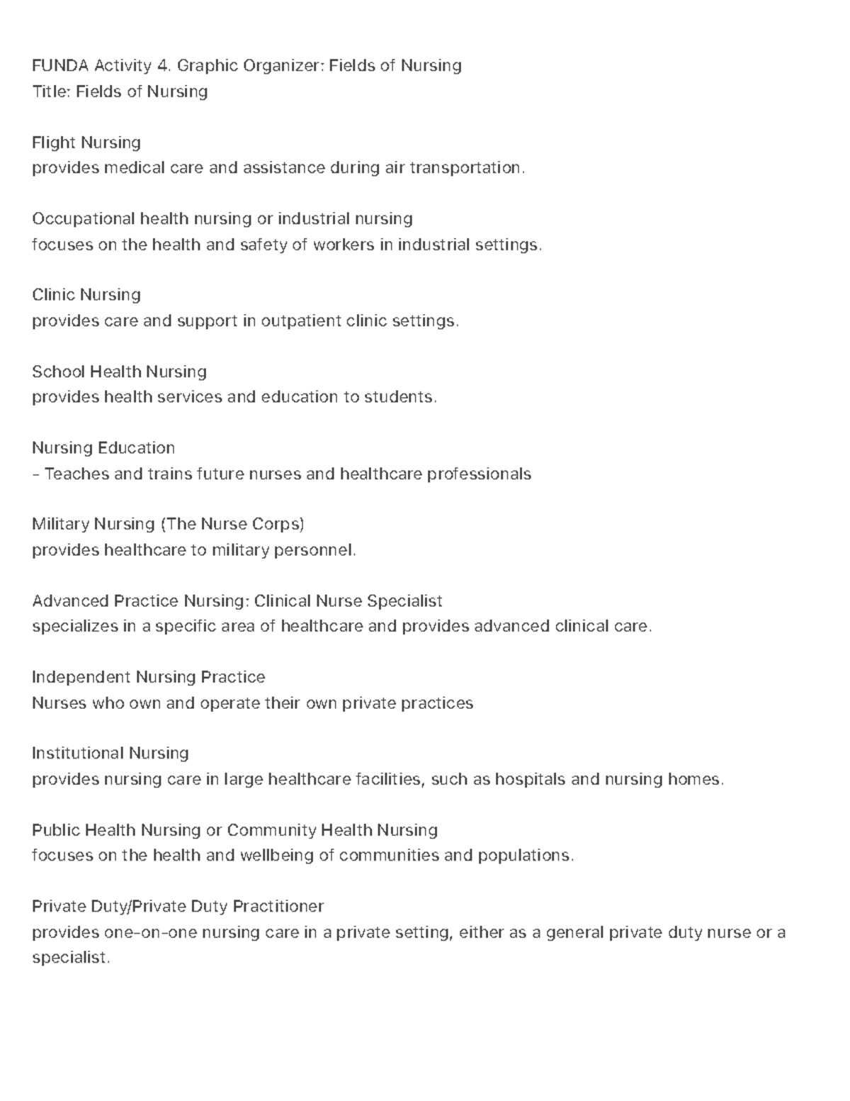 Funda Activity 4. Graphic Organizer Fields of Nursing[ 372] - FUNDA ...