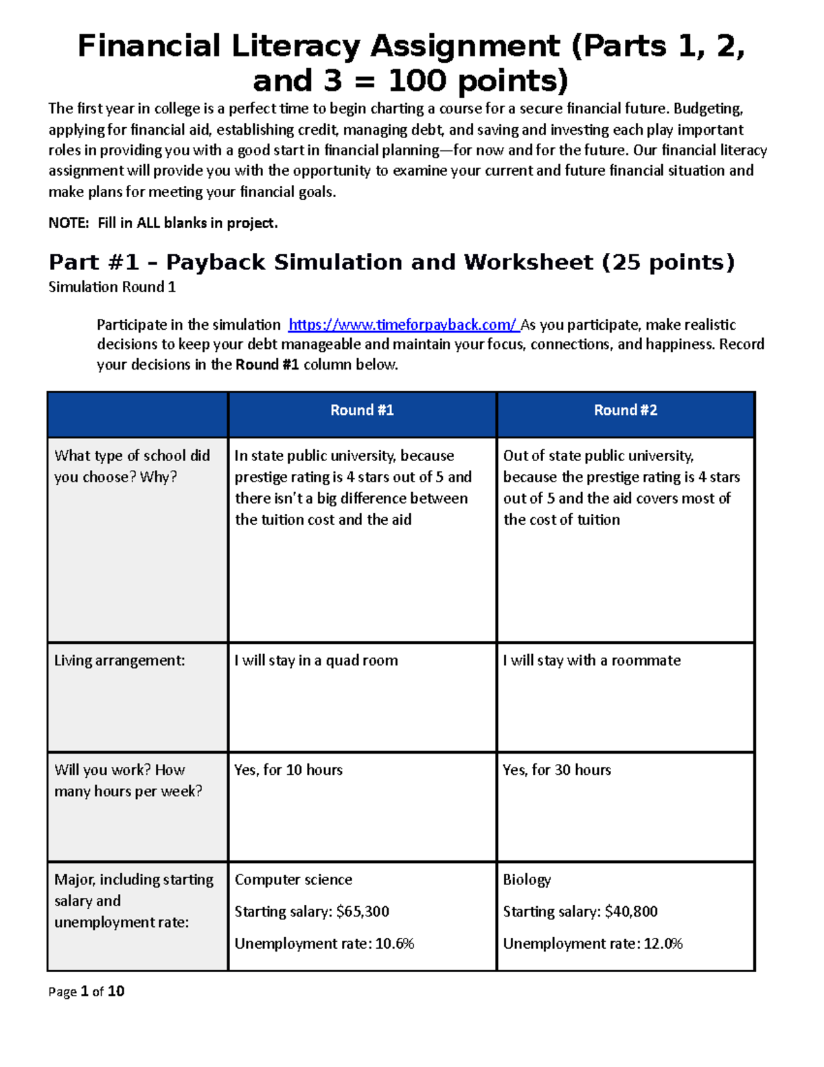 financial literacy assignment