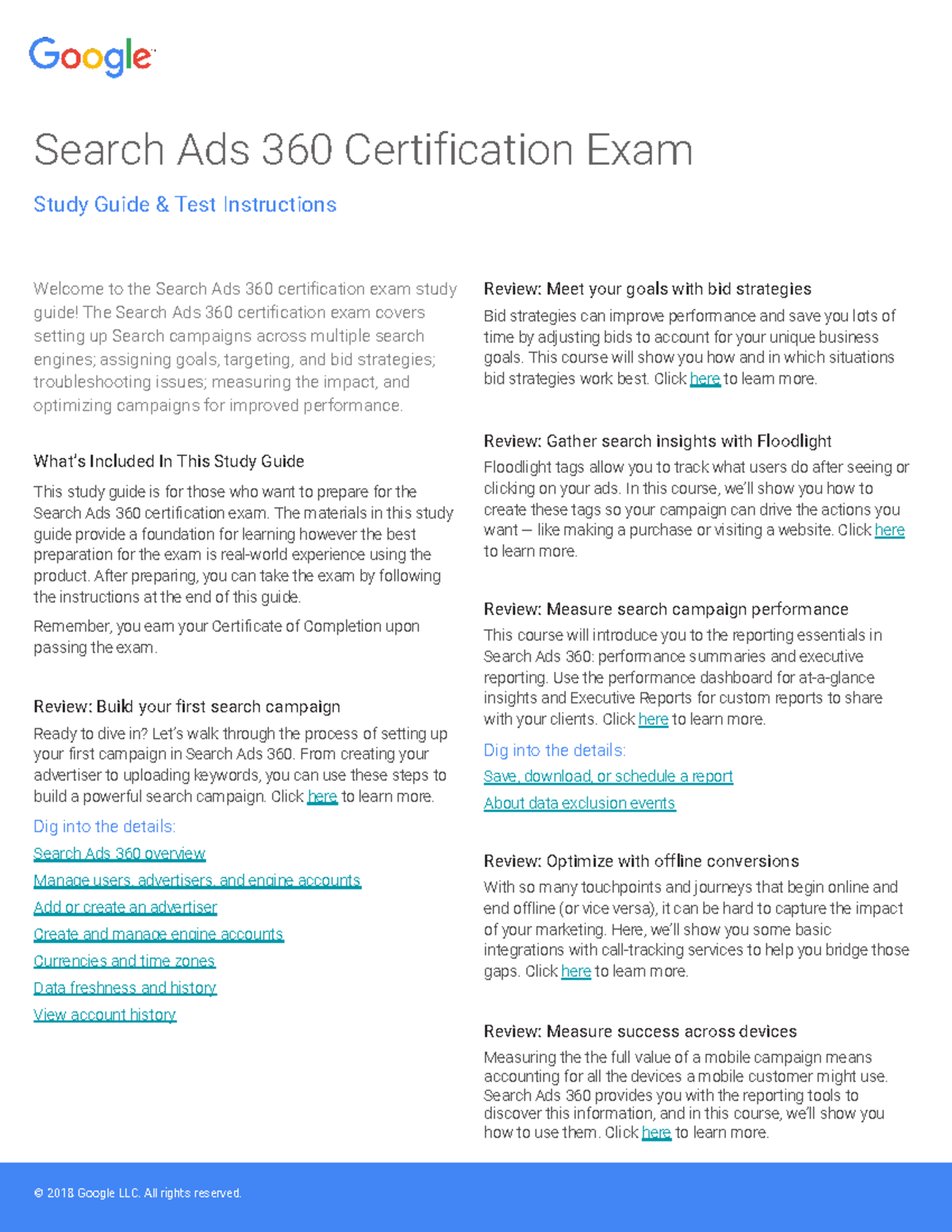 Study guide english search ads 360 certification exam © 2018 Google
