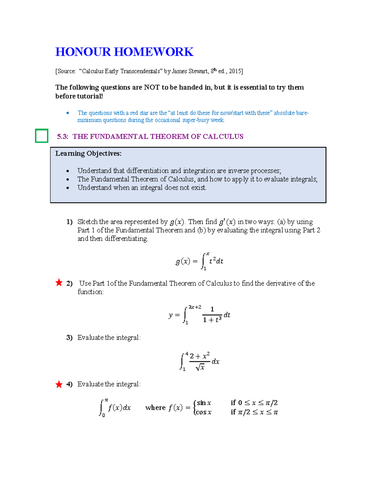 homework questions - HONOUR HOMEWORK [Source: “Calculus Early ...