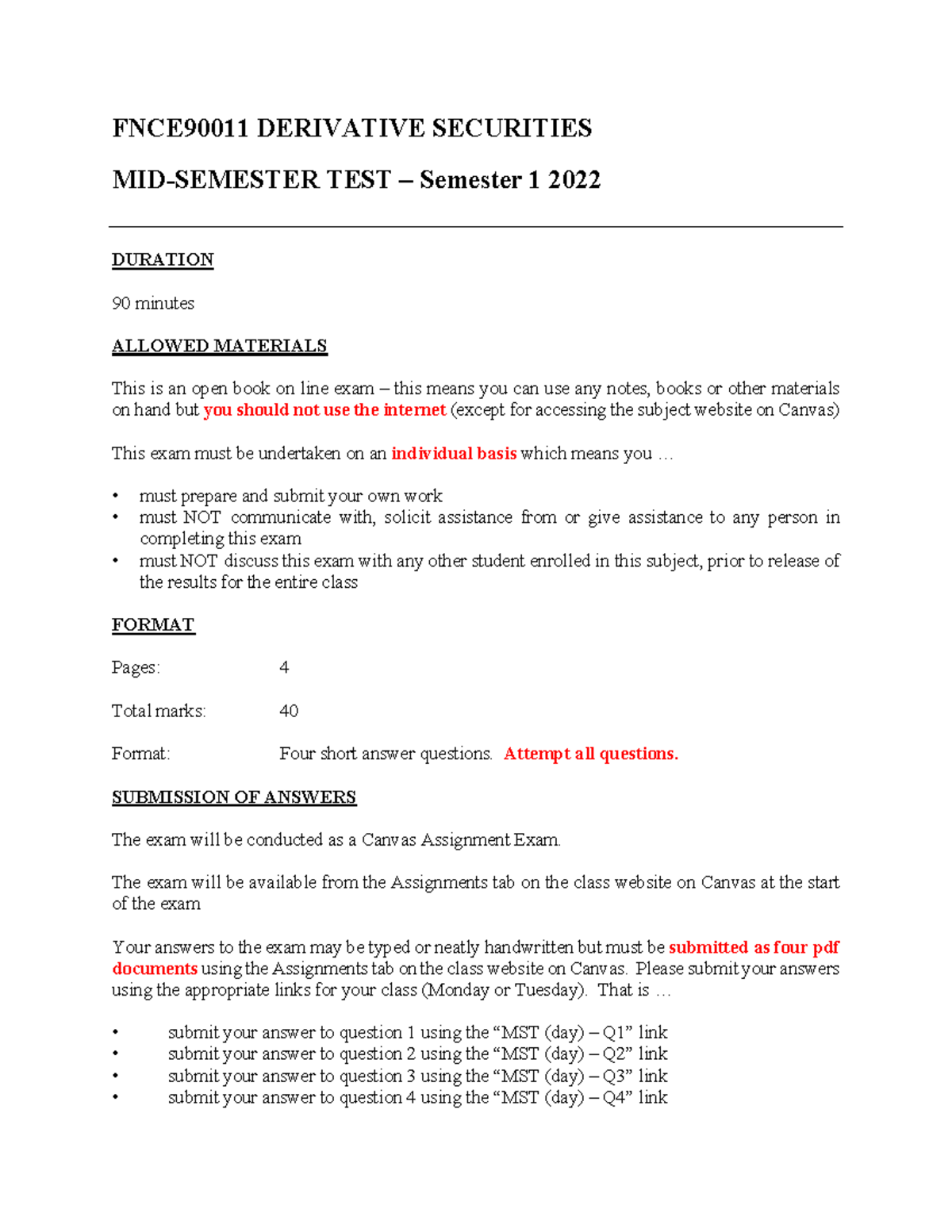 0 90011 Mid Semester Test S1 22 1 - FNCE90011 DERIVATIVE SECURITIES MID ...
