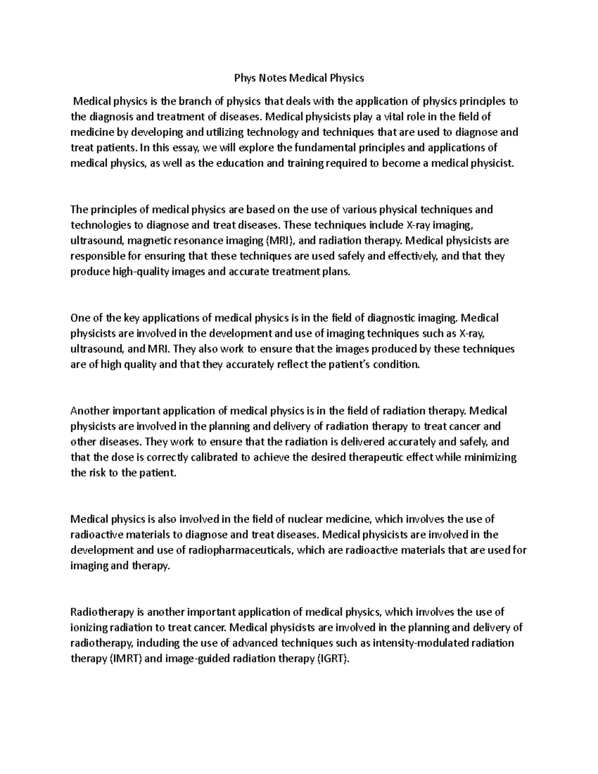 Phys Notes Medical Physics Phys Notes Medical Physics Medical physics is the branch of physics