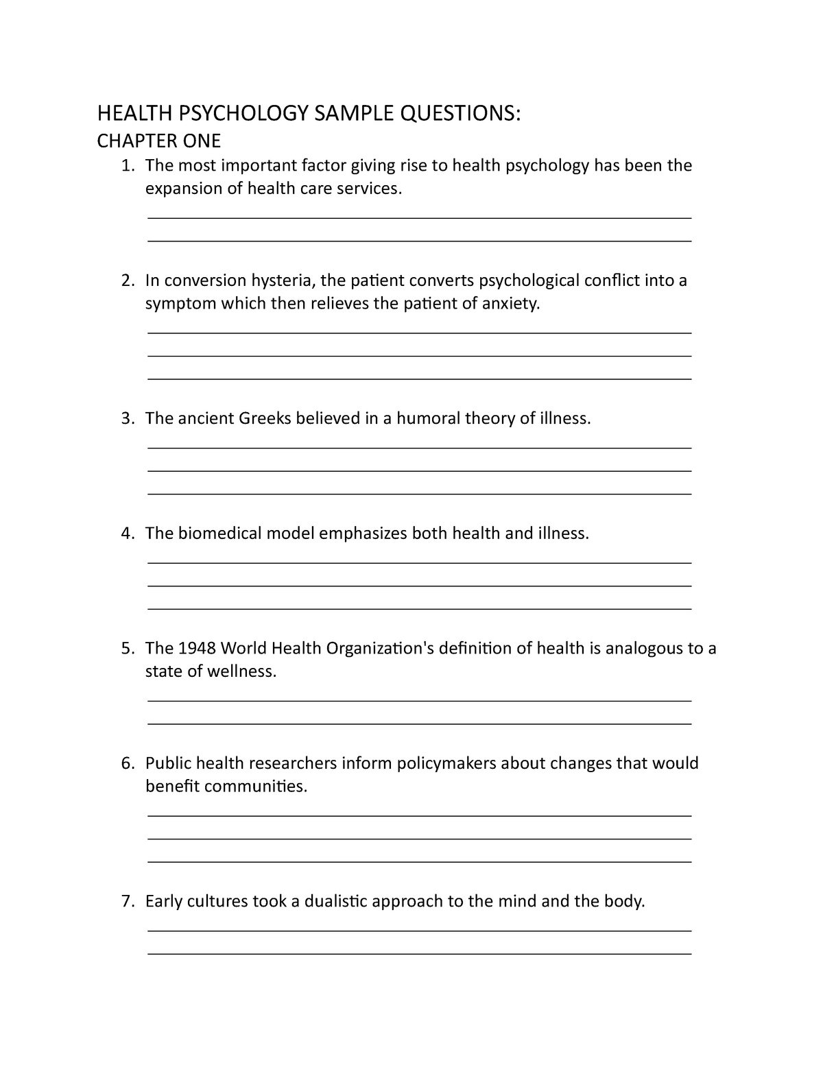 Sample Questions - HEALTH PSYCHOLOGY SAMPLE QUESTIONS: CHAPTER ONE 1 ...