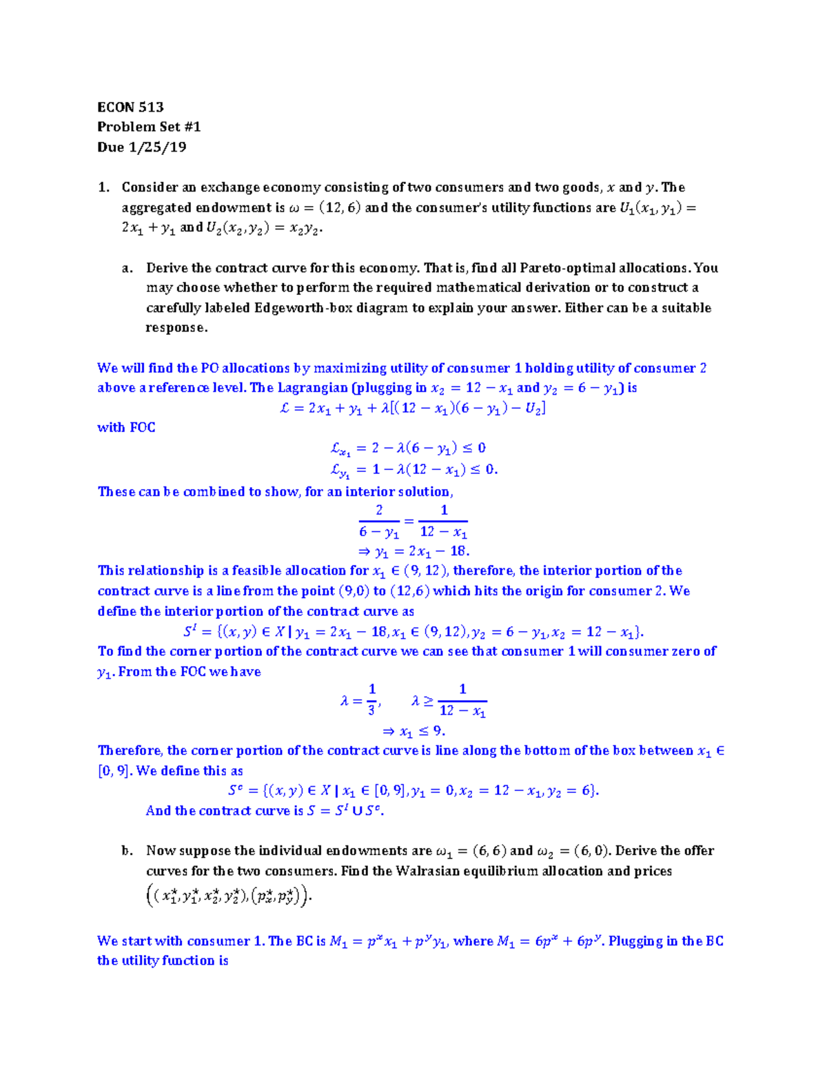 Problem set 1 spring 2019 answer key - ECON 5 13 Problem Set # Due 1 ...