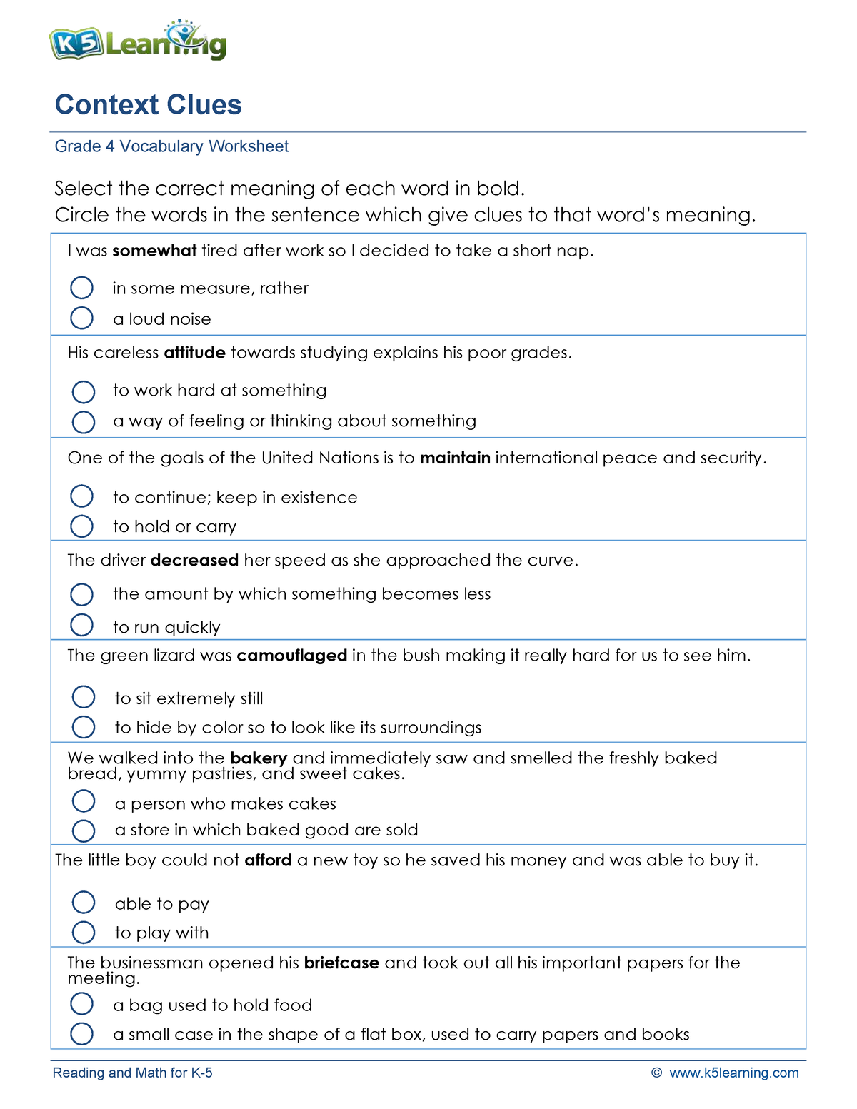 Context Clue Worksheet - Reading And Math For K- 5 © K5learning I Was ...