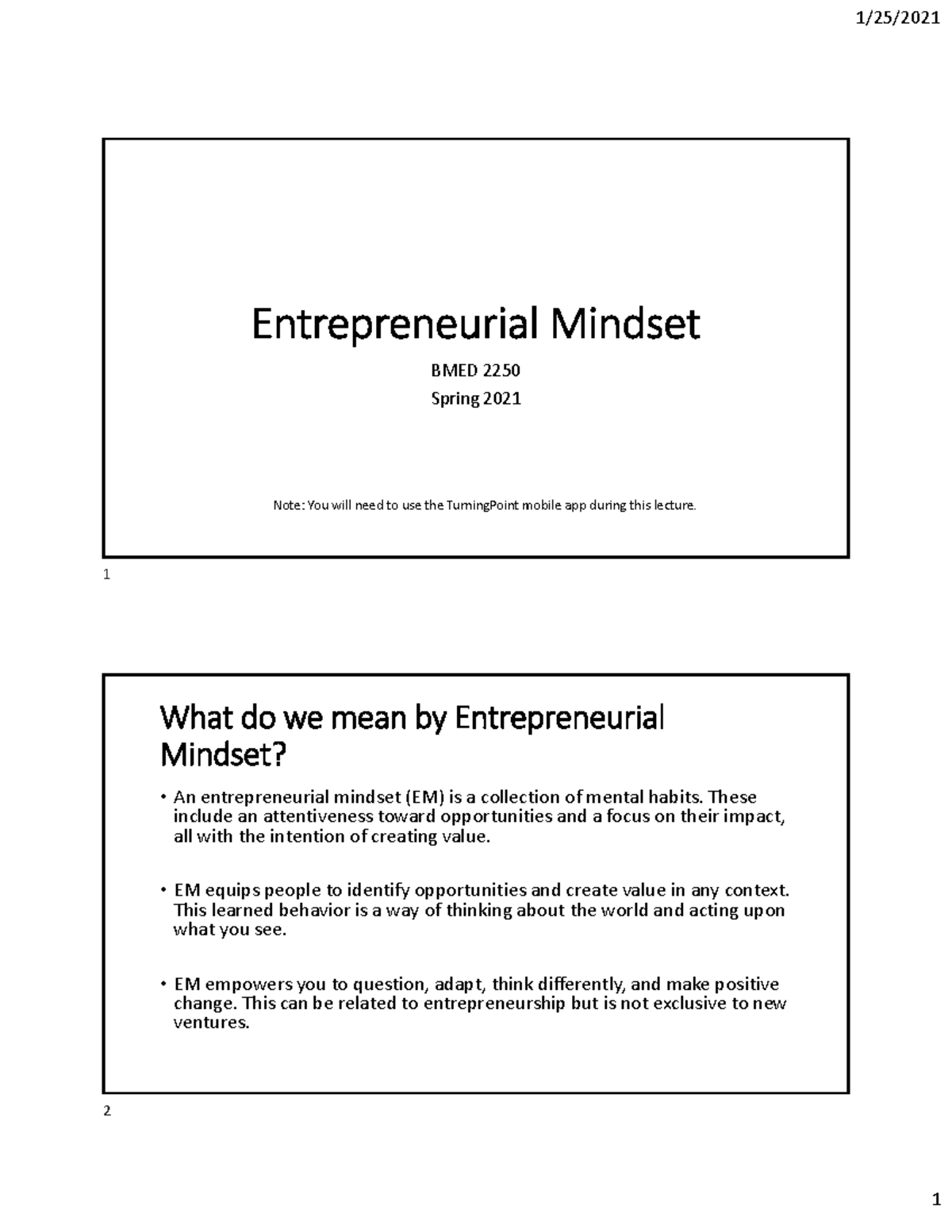 2250 Entrepreneurial Mindset - Entrepreneurial Mindset BMED Spring Note ...