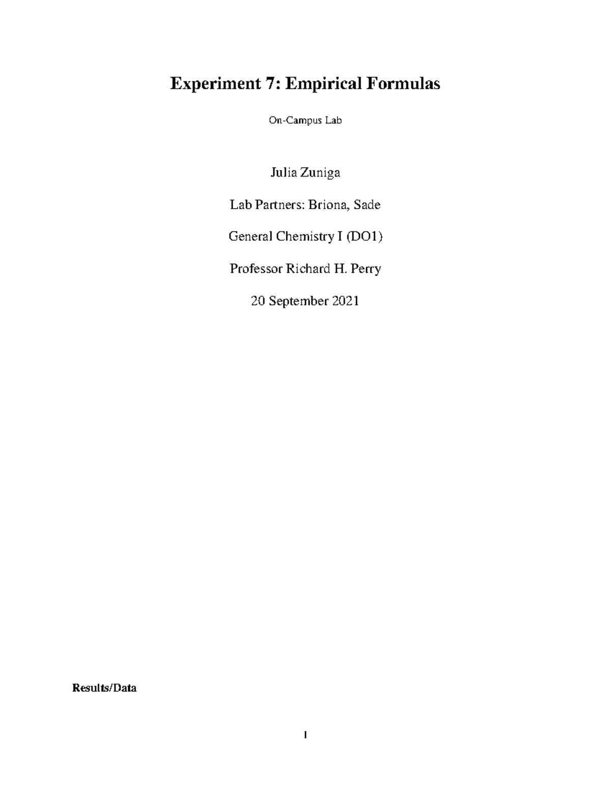 Experiment 7 Empirical Formulas - Experiment 7: Empirical Formulas On ...