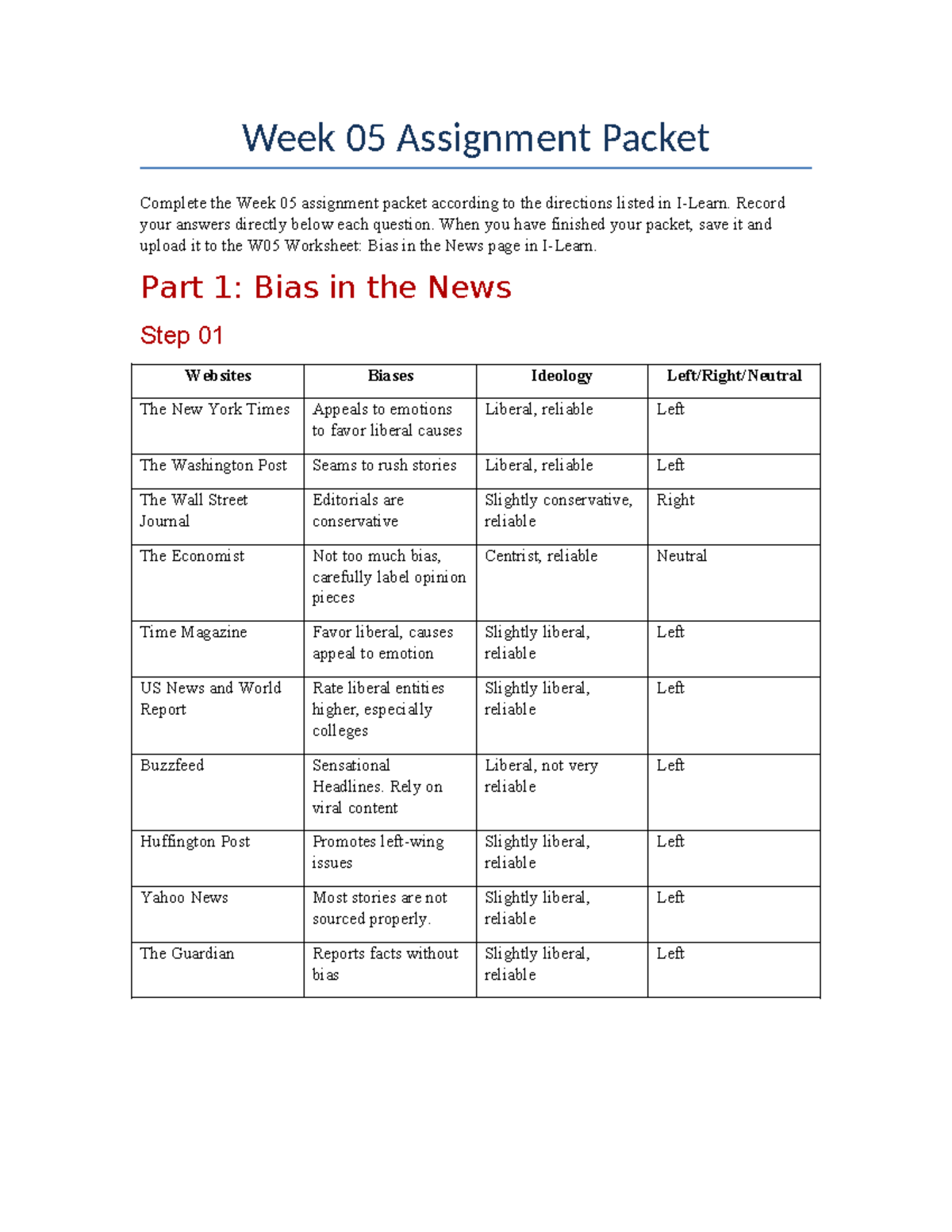 week05 Assignment Packet - Week 05 Assignment Packet Complete the Week ...