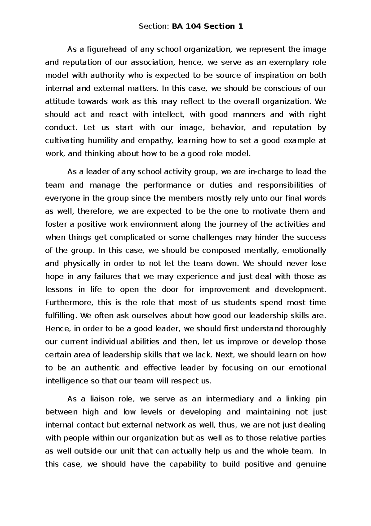 Reflection BA 104 - Lecture notes 9 - Section: BA 104 Section 1 As a ...