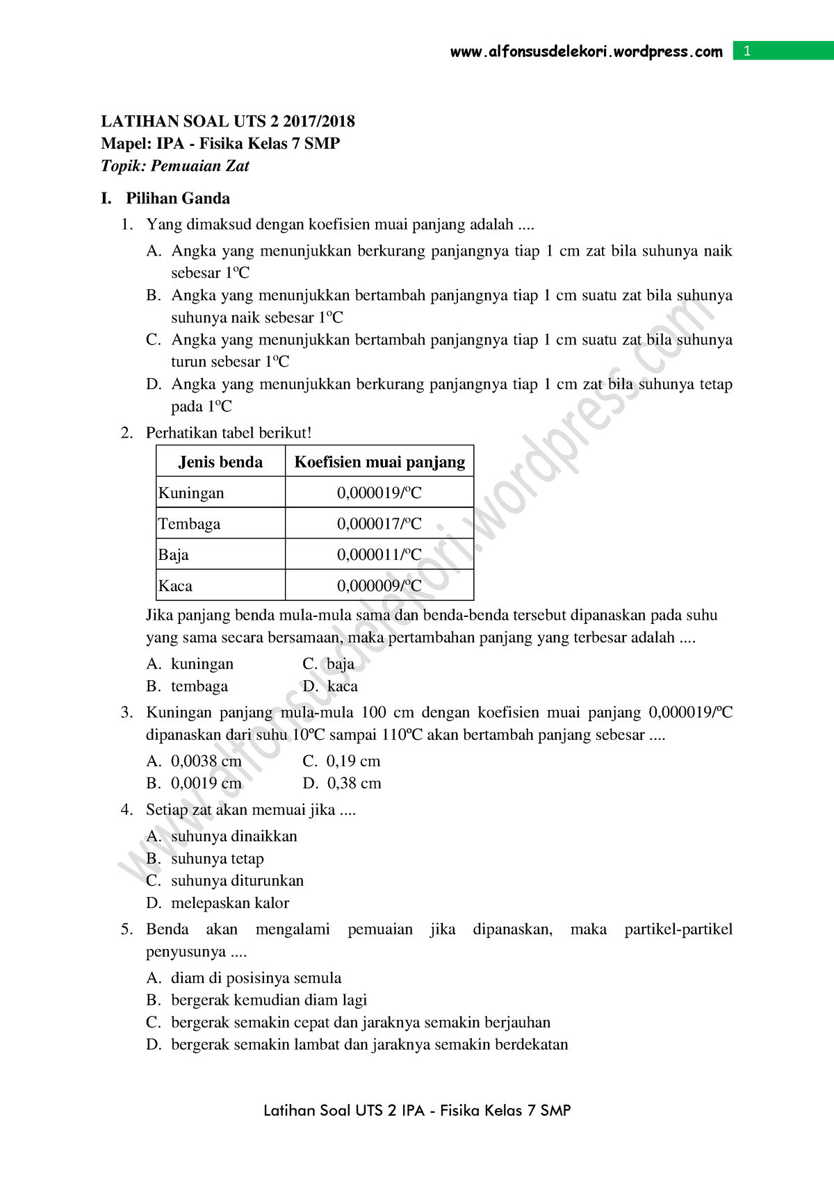 Kelas 7 Soal Latihan Uts 2 Ipa Fisika Kelas Vii 1718 - LATIHAN SOAL UTS ...