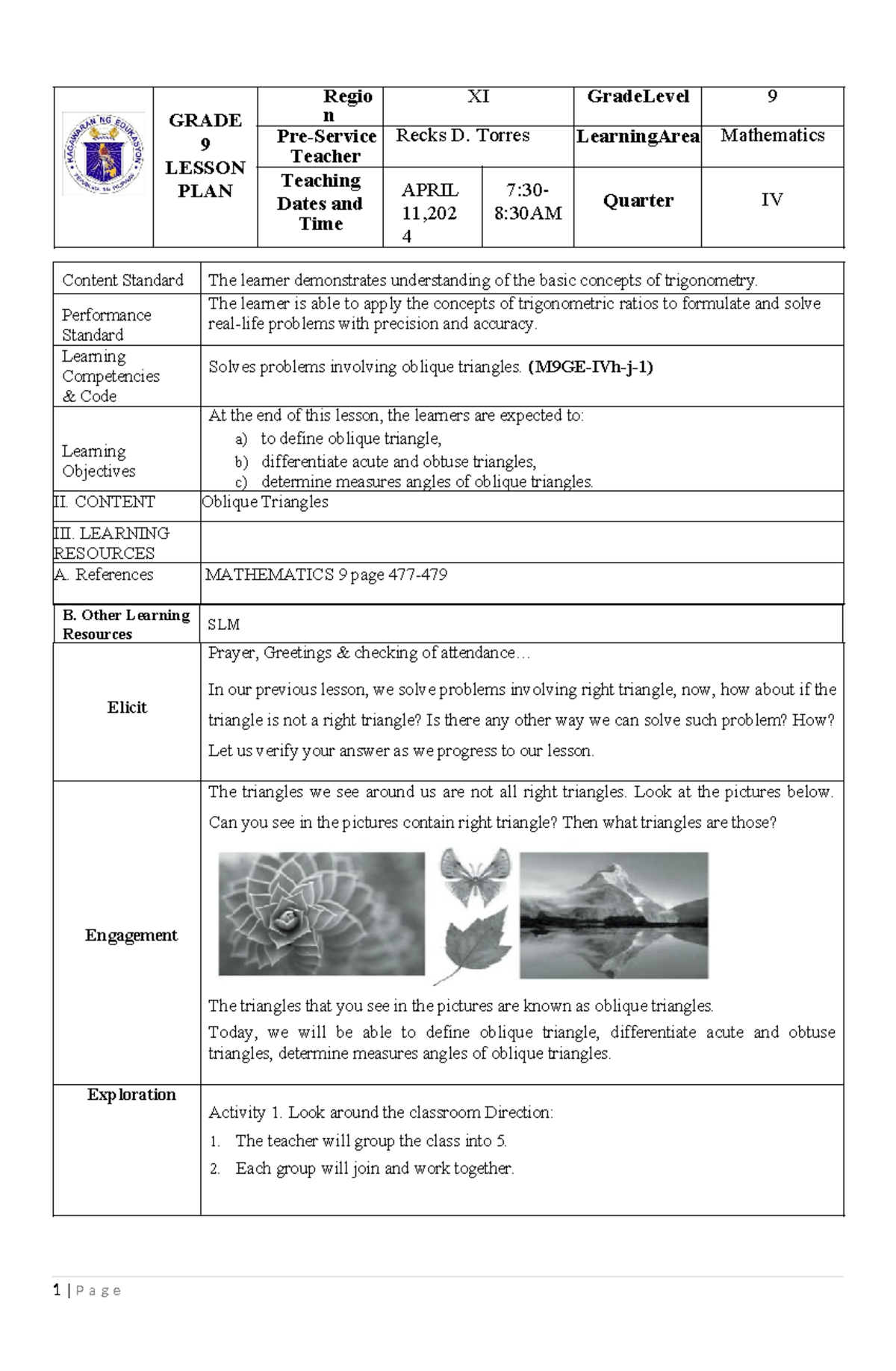 DLP-0 Blique Triangles - GRADE 9 LESSON PLAN Regio n XI GradeLevel 9 ...