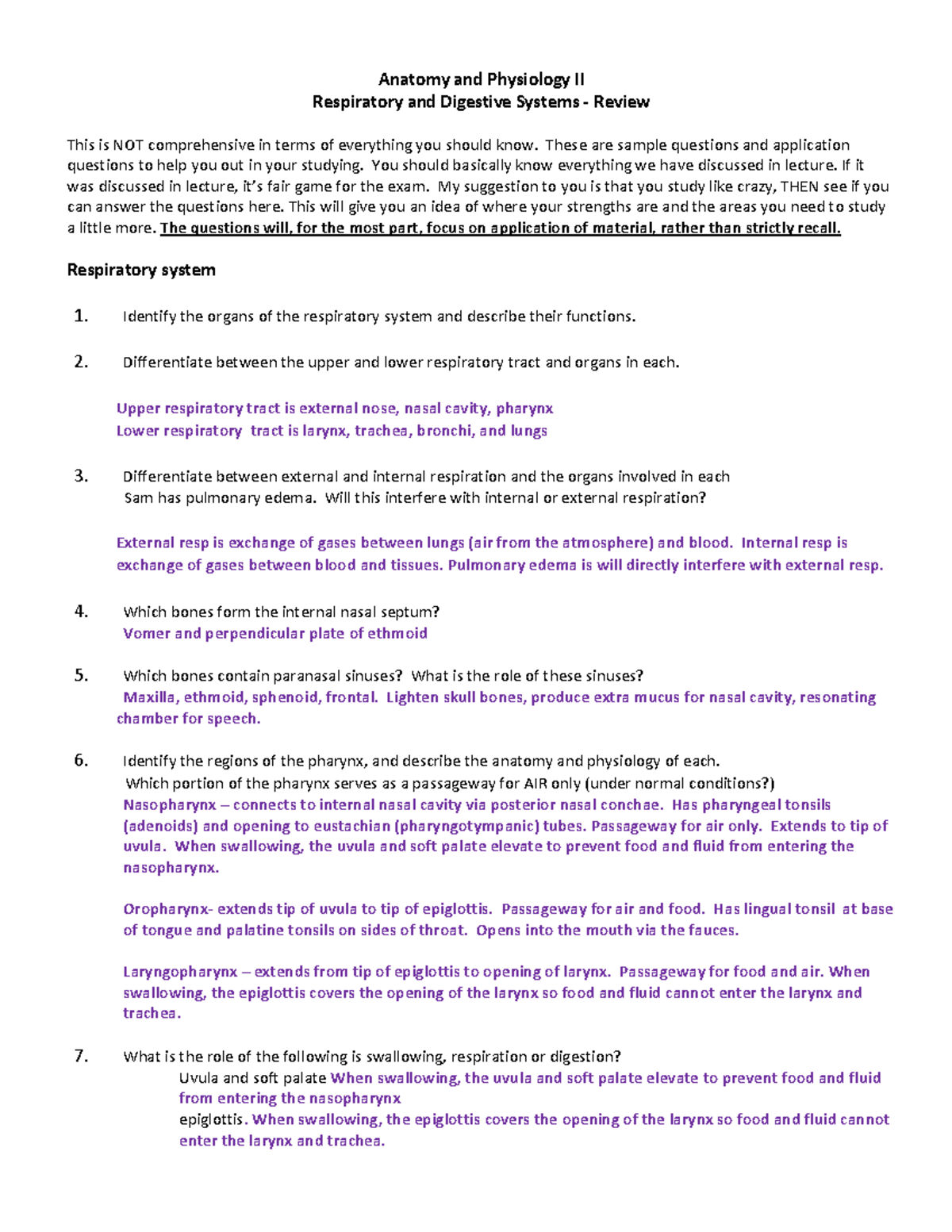 Anatomy and Physiology II Respiratory and Digestive Systems Review ...