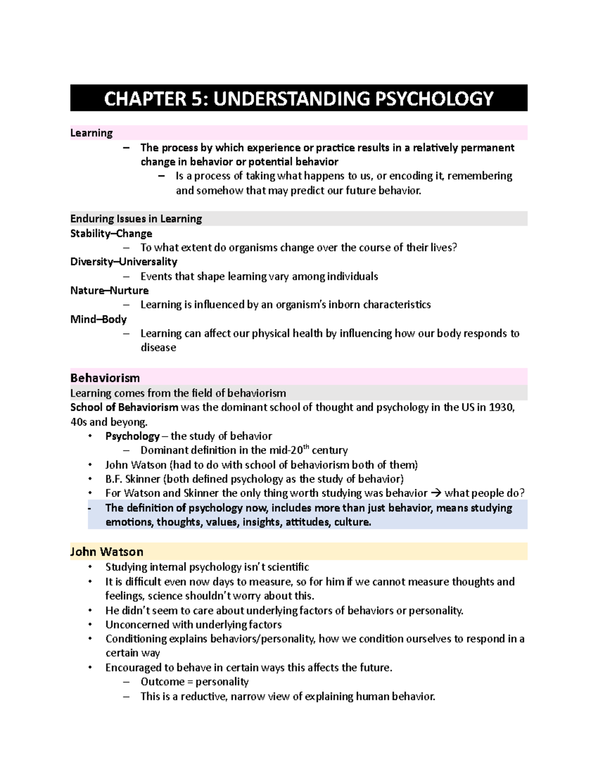 00 Chapter 5-8 Lecture Notes - CHAPTER 5: UNDERSTANDING PSYCHOLOGY ...