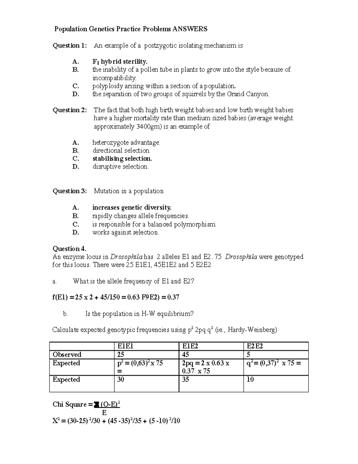 BIOL10005 Population Genetics A - Population Genetics Practice Problems ...