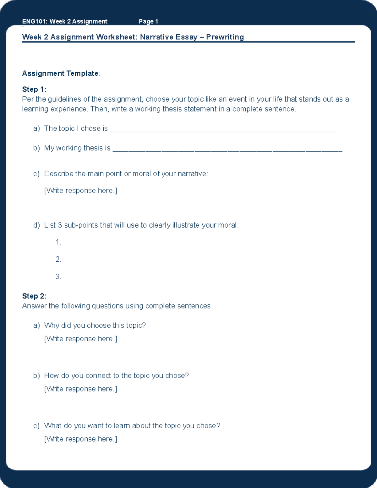 ENG101H Wk2 Assignment - ENG101: Week 2 Assignment Page 1 ` Week 2 ...