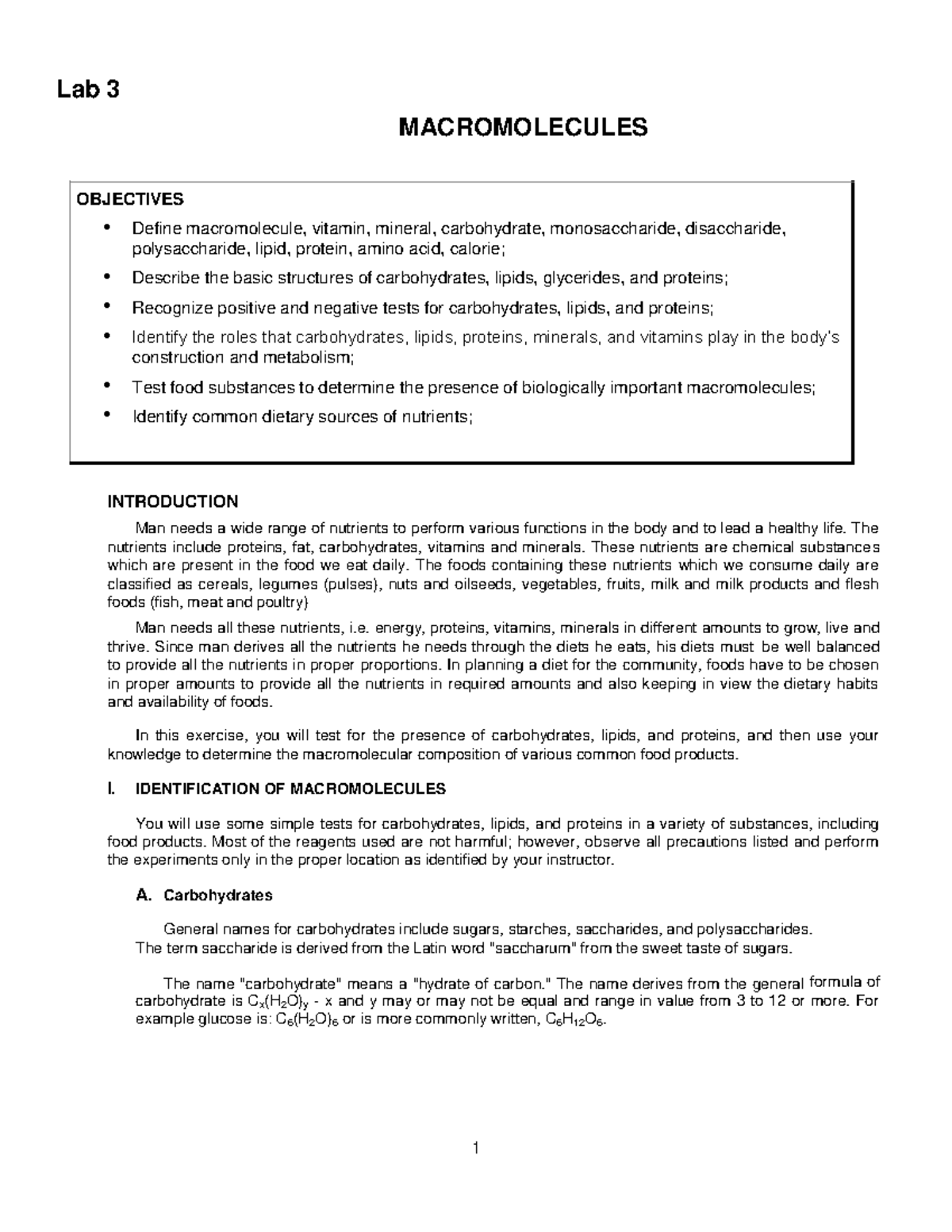 Lab 3 Macromolecules CHAPTER 1 and 2 LAB Define macromolecule