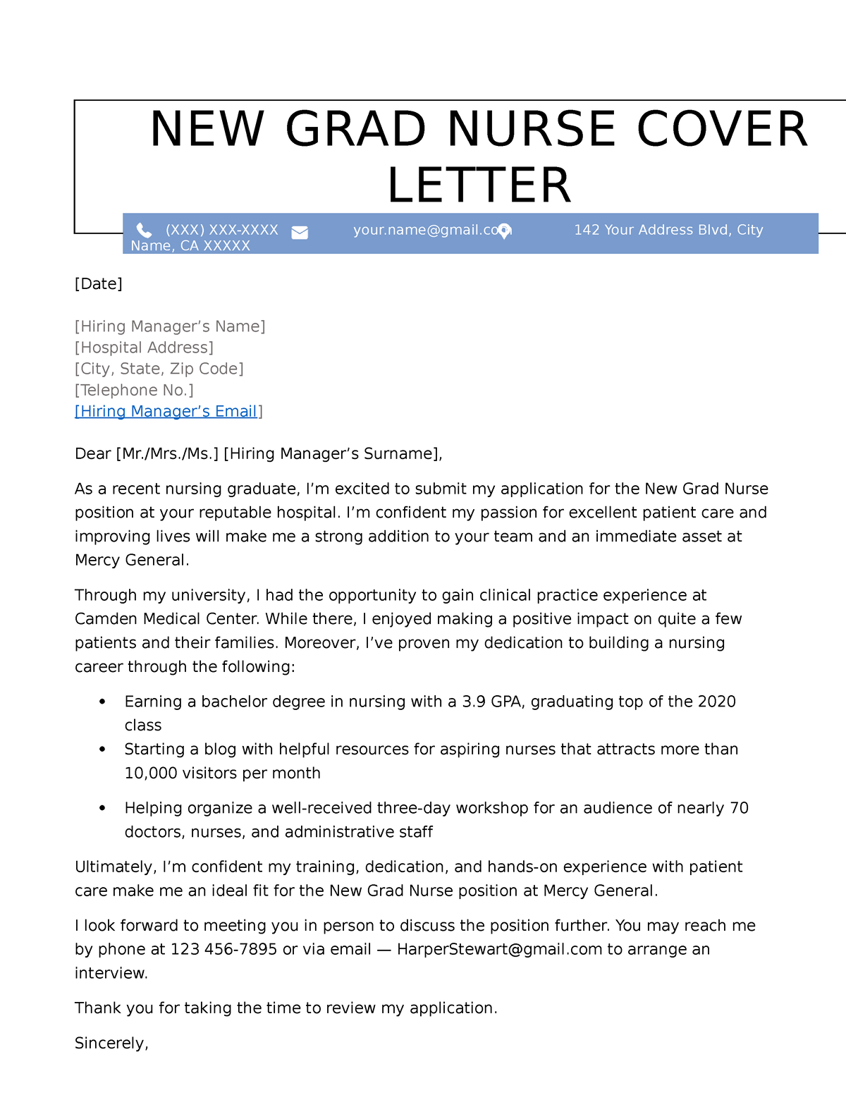 New grad nurse cover letter example - NEW GRAD NURSE COVER LETTER (XXX ...