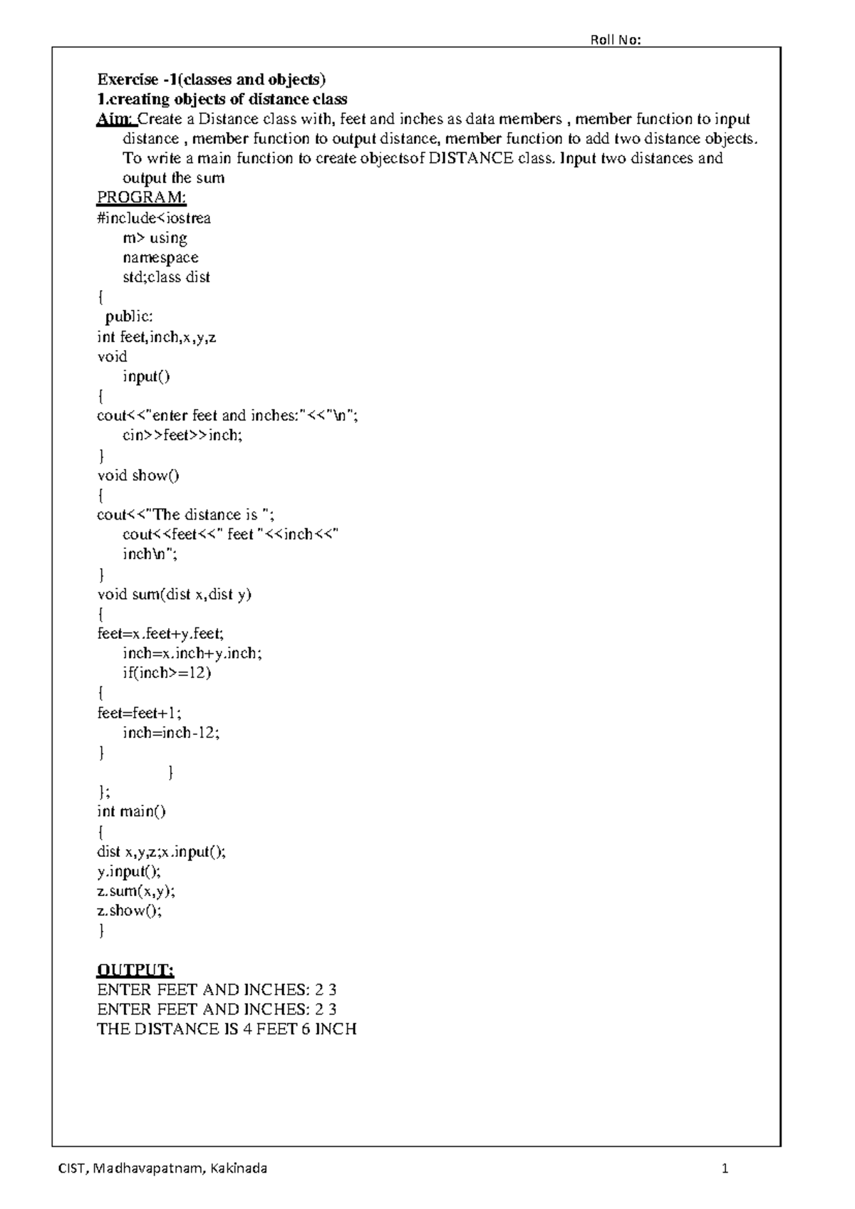 C++ Lab record - Exercise -1(classes and objects) 1 objects of distance ...