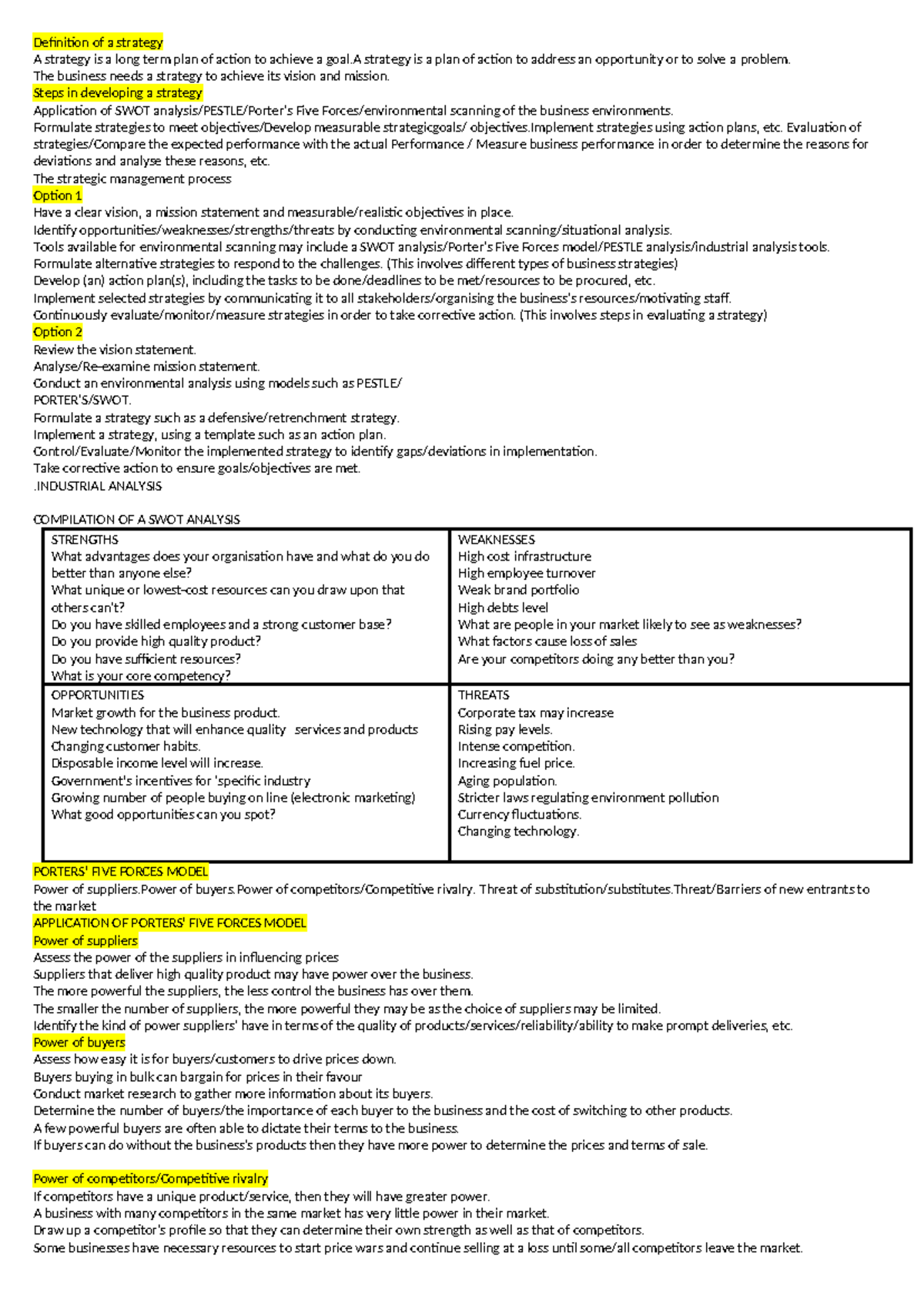 Business strategies summary - Definition of a strategy A strategy is a ...