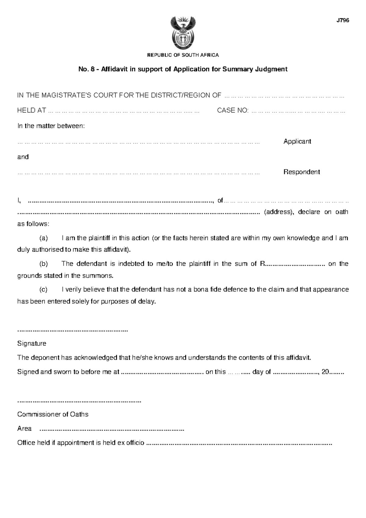 J Form This Is A J Template Form It Is Used For Drafting An Affidavit In Support