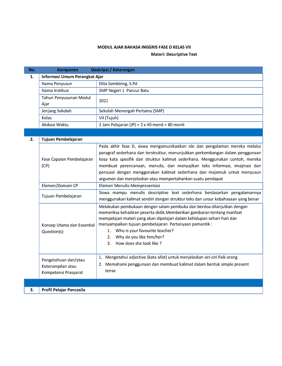 Modul B.ing Kelas 7 - For Learning - MODUL AJAR BAHASA INGGRIS FASE D ...